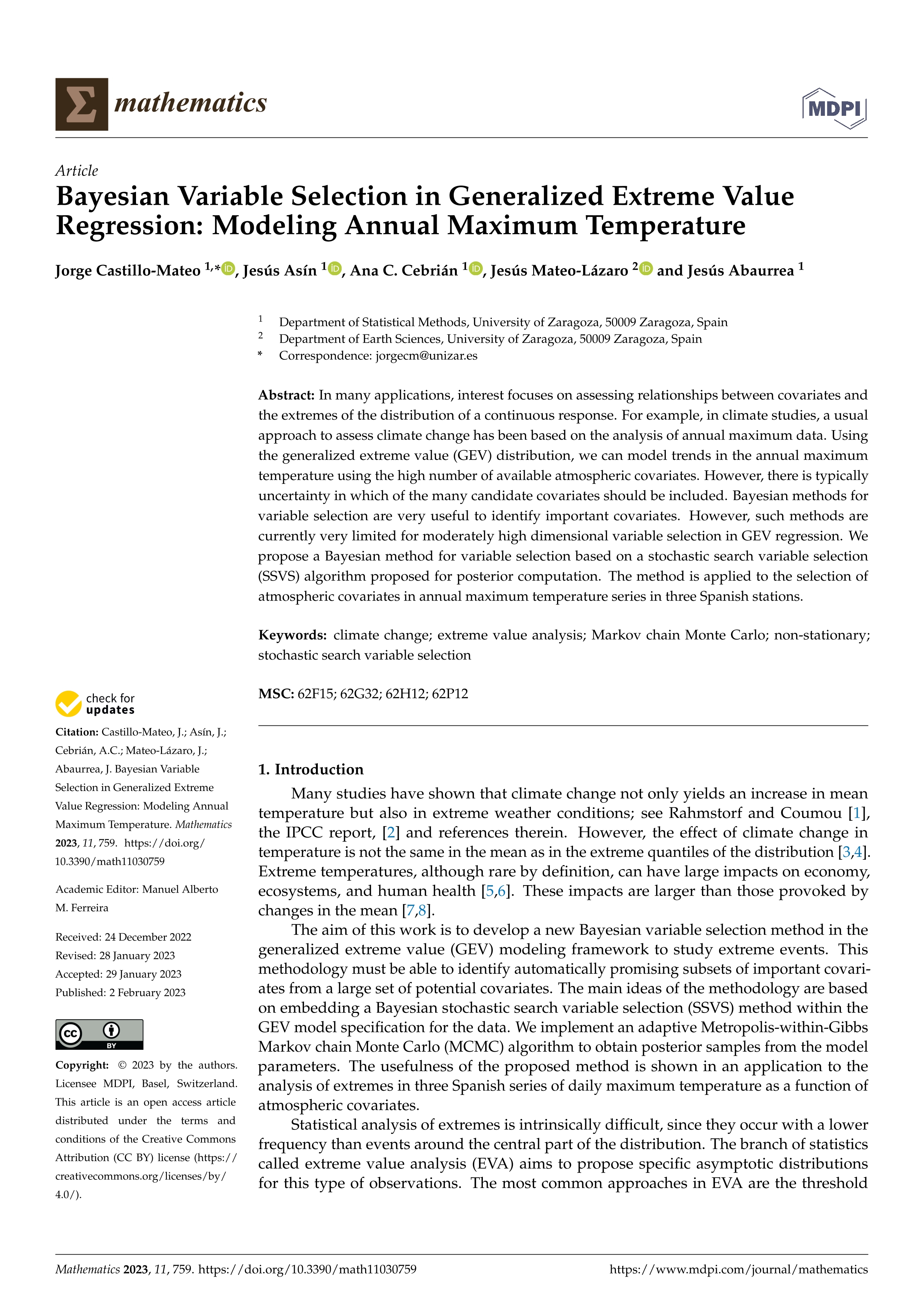 Bayesian variable selection in generalized extreme value regression: modeling annual maximum temperature