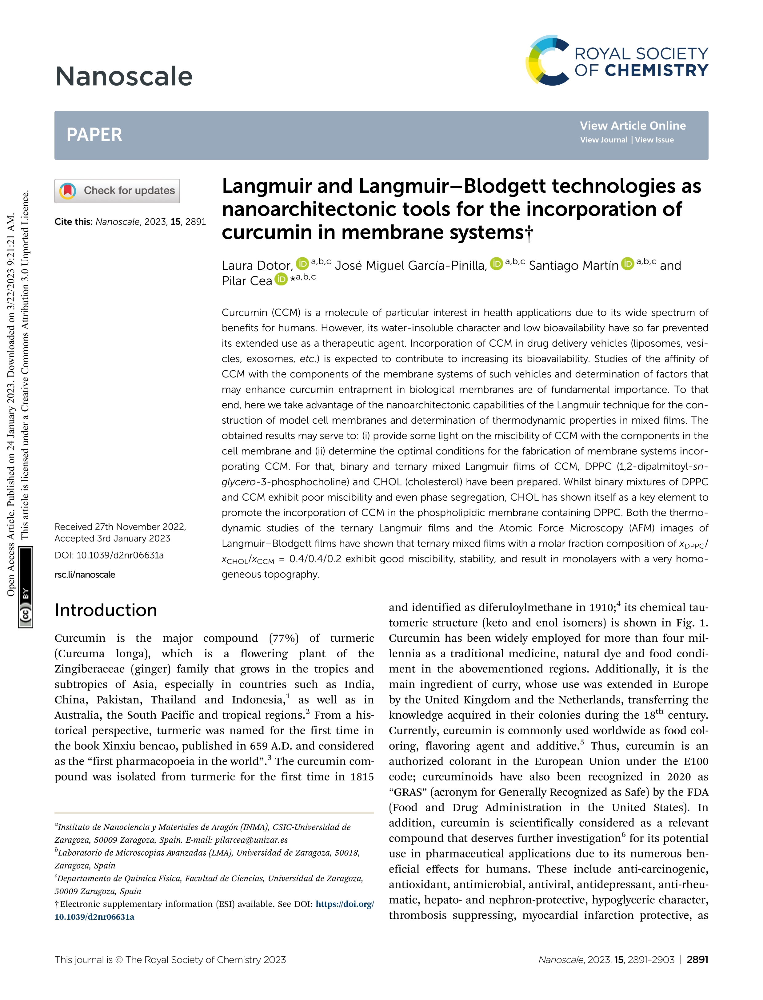 Langmuir and Langmuir–Blodgett technologies as nanoarchitectonic tools for the incorporation of curcumin in membrane systems