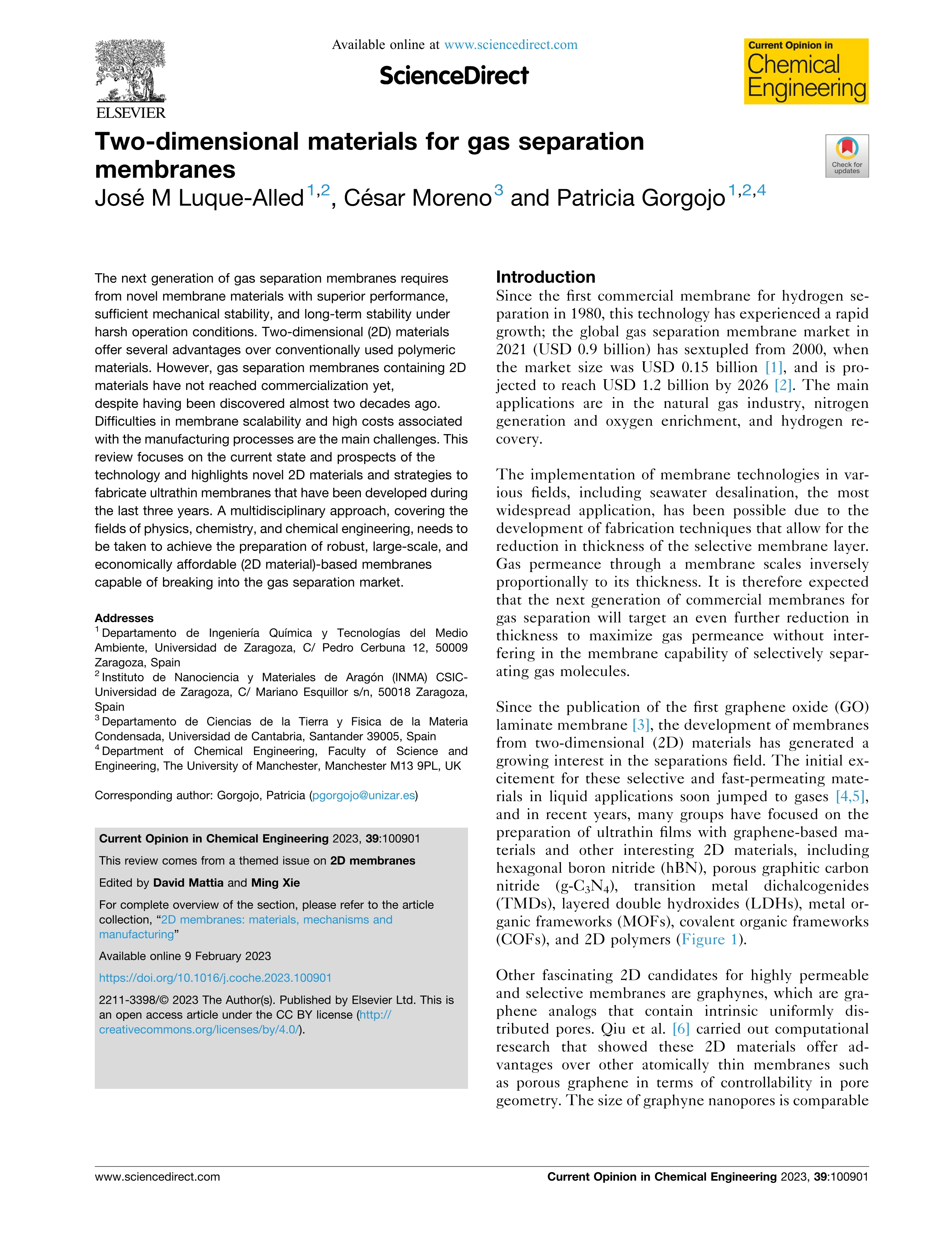 Two-dimensional materials for gas separation membranes