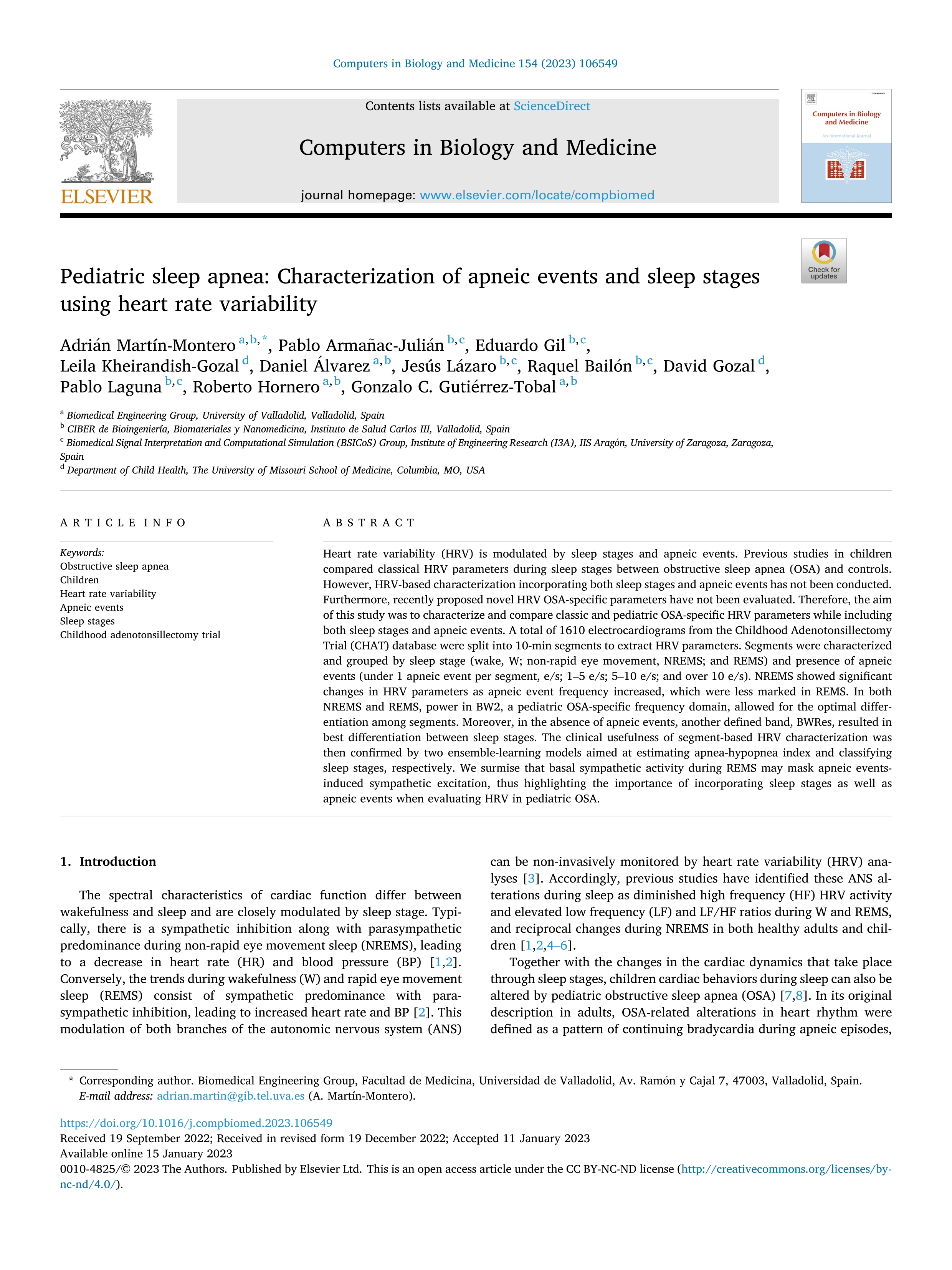 Pediatric sleep apnea: characterization of apneic events and sleep stages using heart rate variability