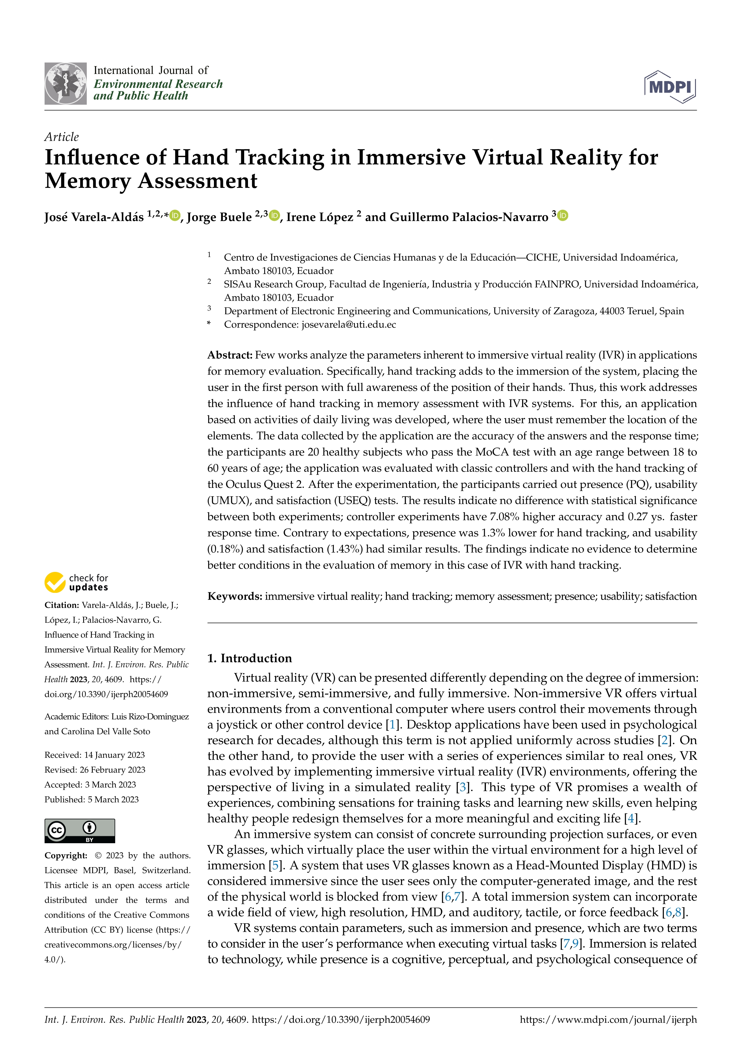 Influence of hand tracking in immersive virtual reality for memory assessment