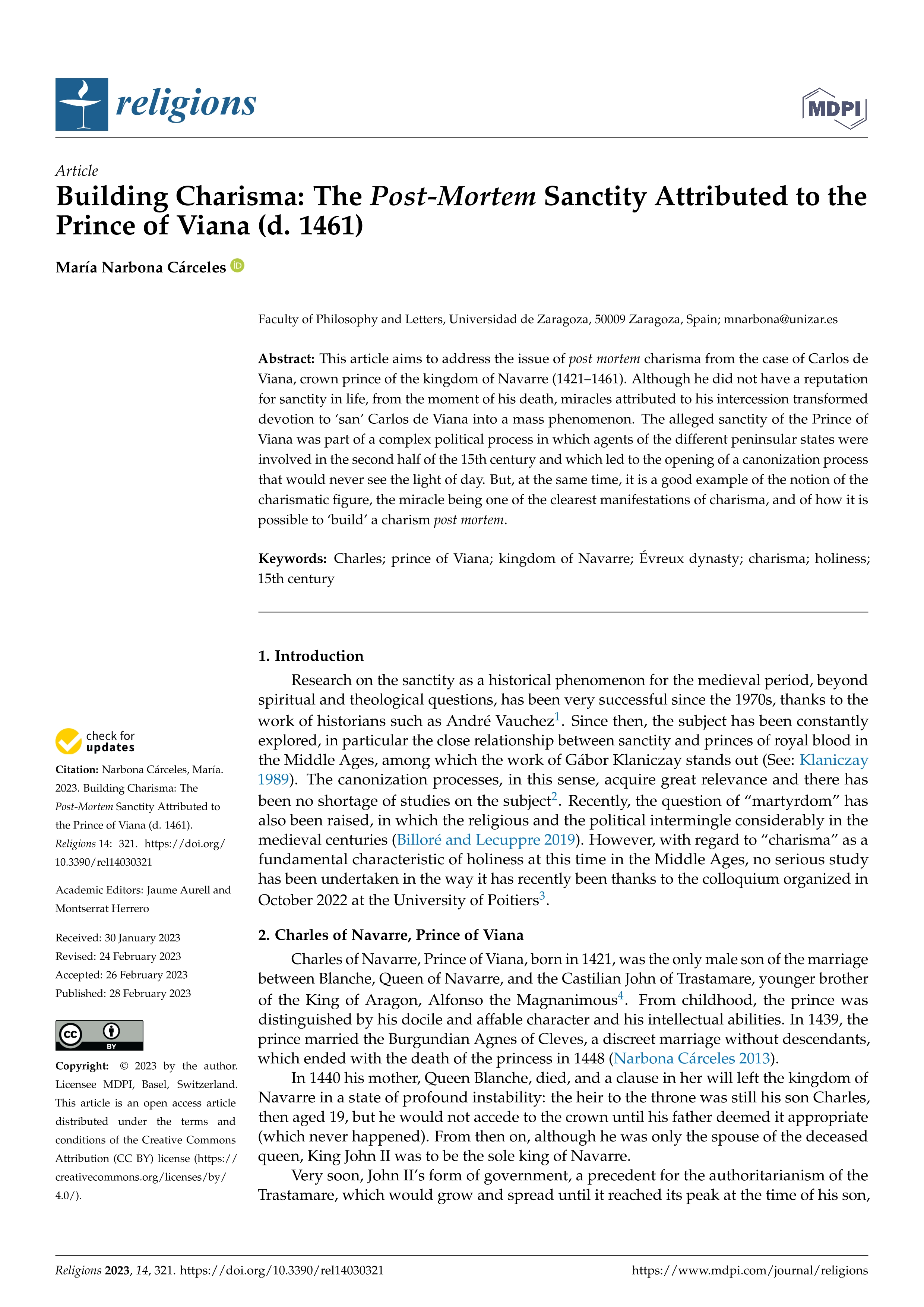 Building charisma: the post-mortem sanctity attributed to the Prince of Viana (d. 1461)