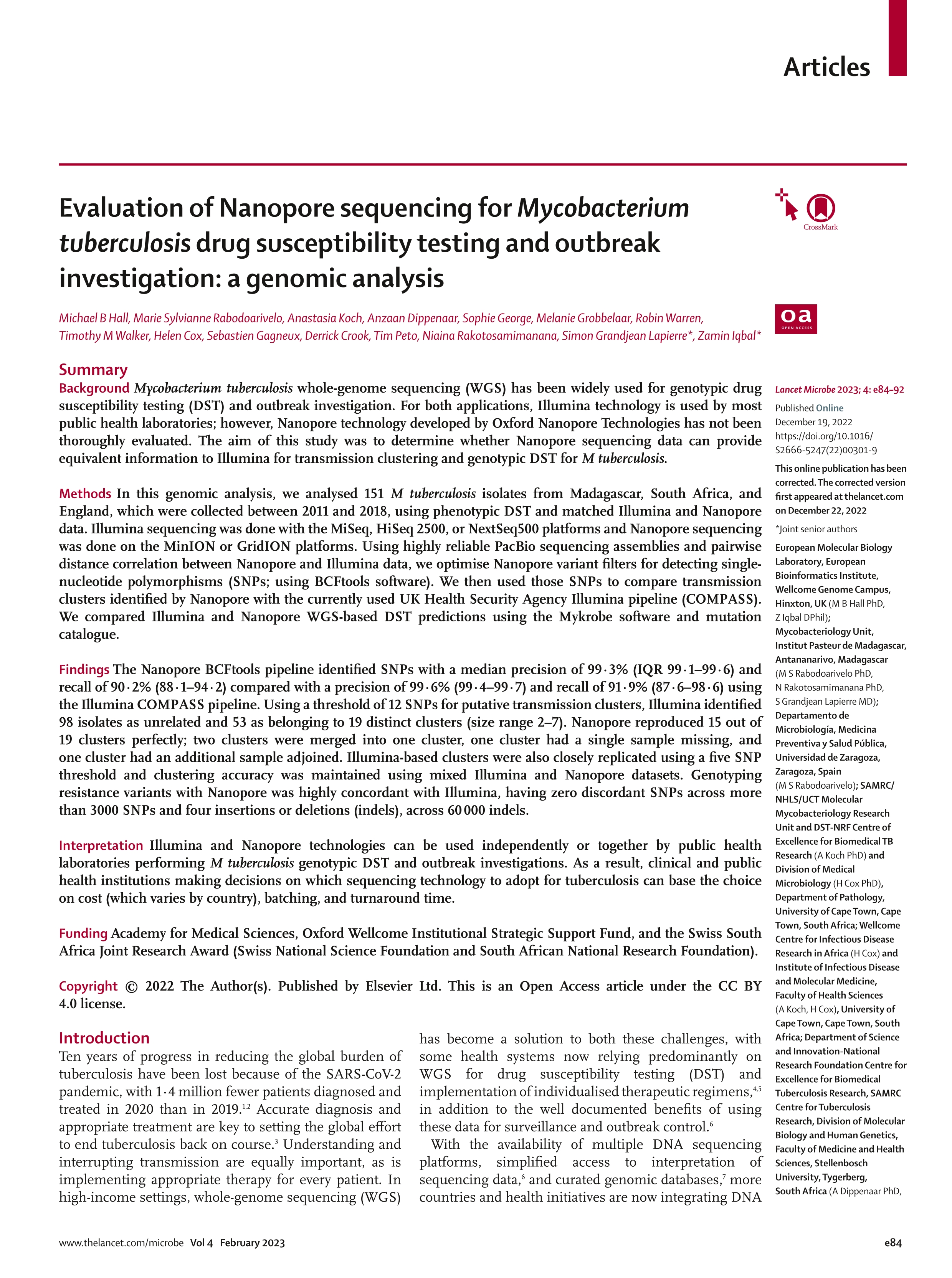 Evaluation of Nanopore sequencing for Mycobacterium tuberculosis drug susceptibility testing and outbreak investigation: a genomic analysis