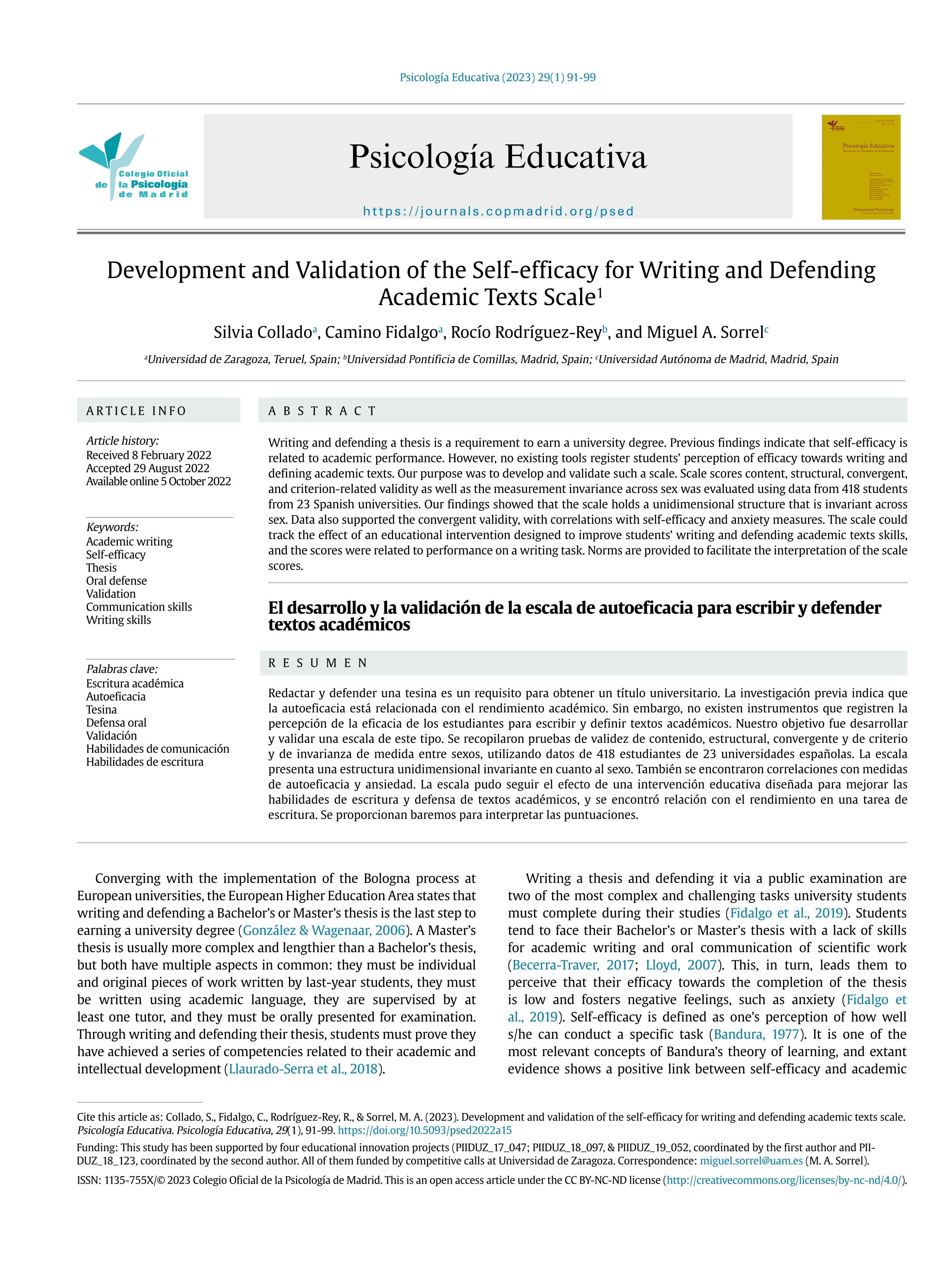 Development and Validation of the Self-efficacy for Writing and Defending Academic Texts Scale1