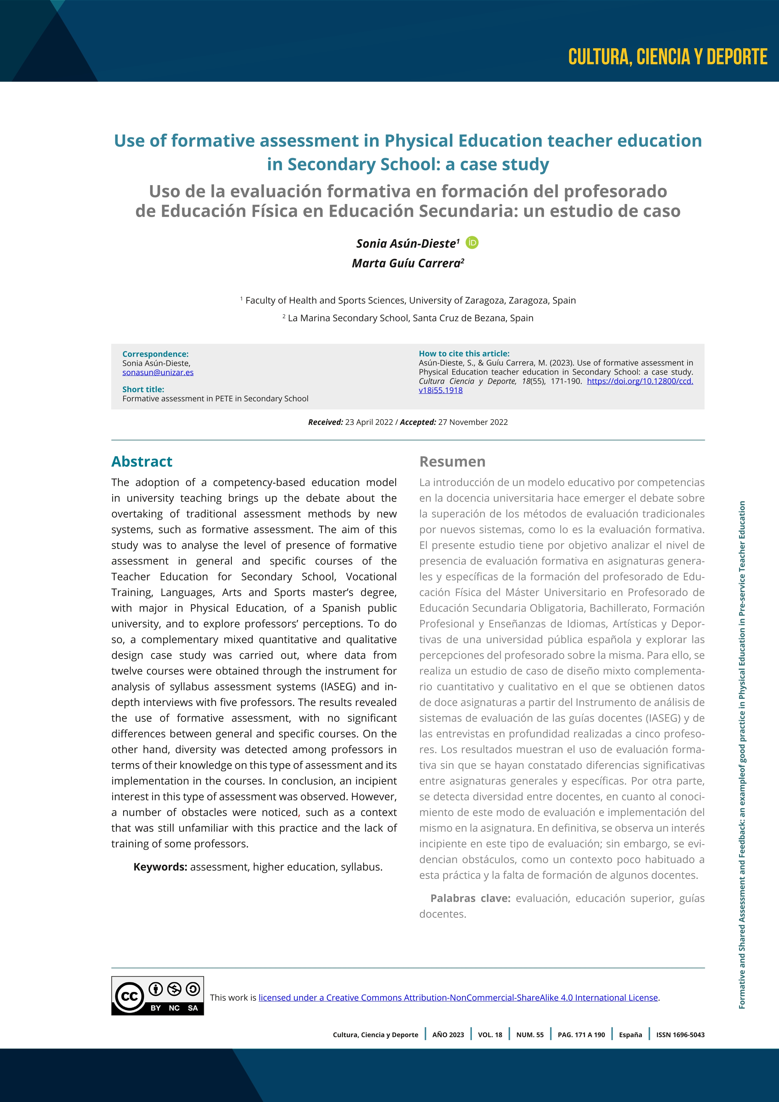 Use of formative assessment in Physical Education teacher education in Secondary School: a case study