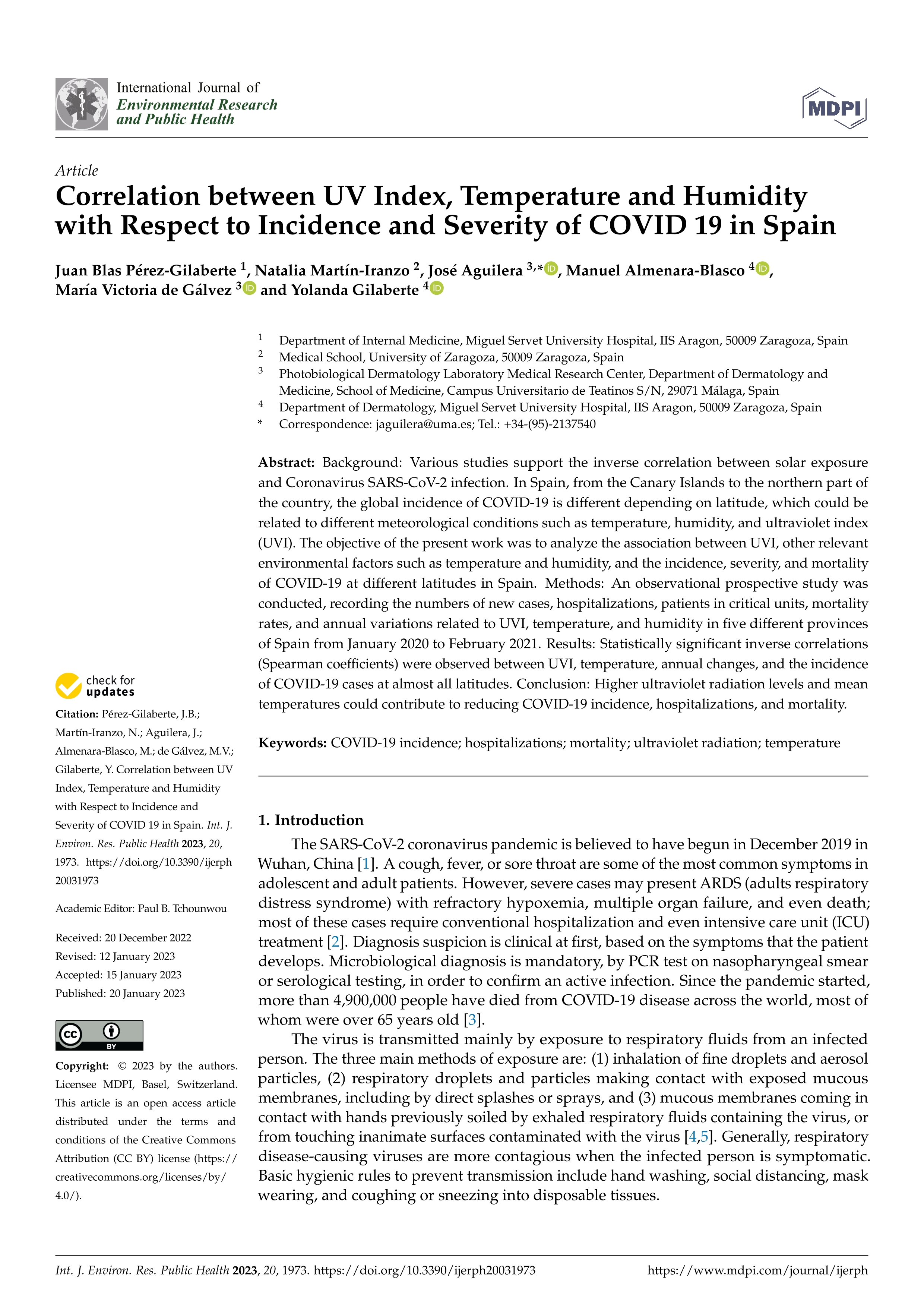 Correlation between UV index, temperature and humidity with respect to incidence and severity of COVID 19 in spain