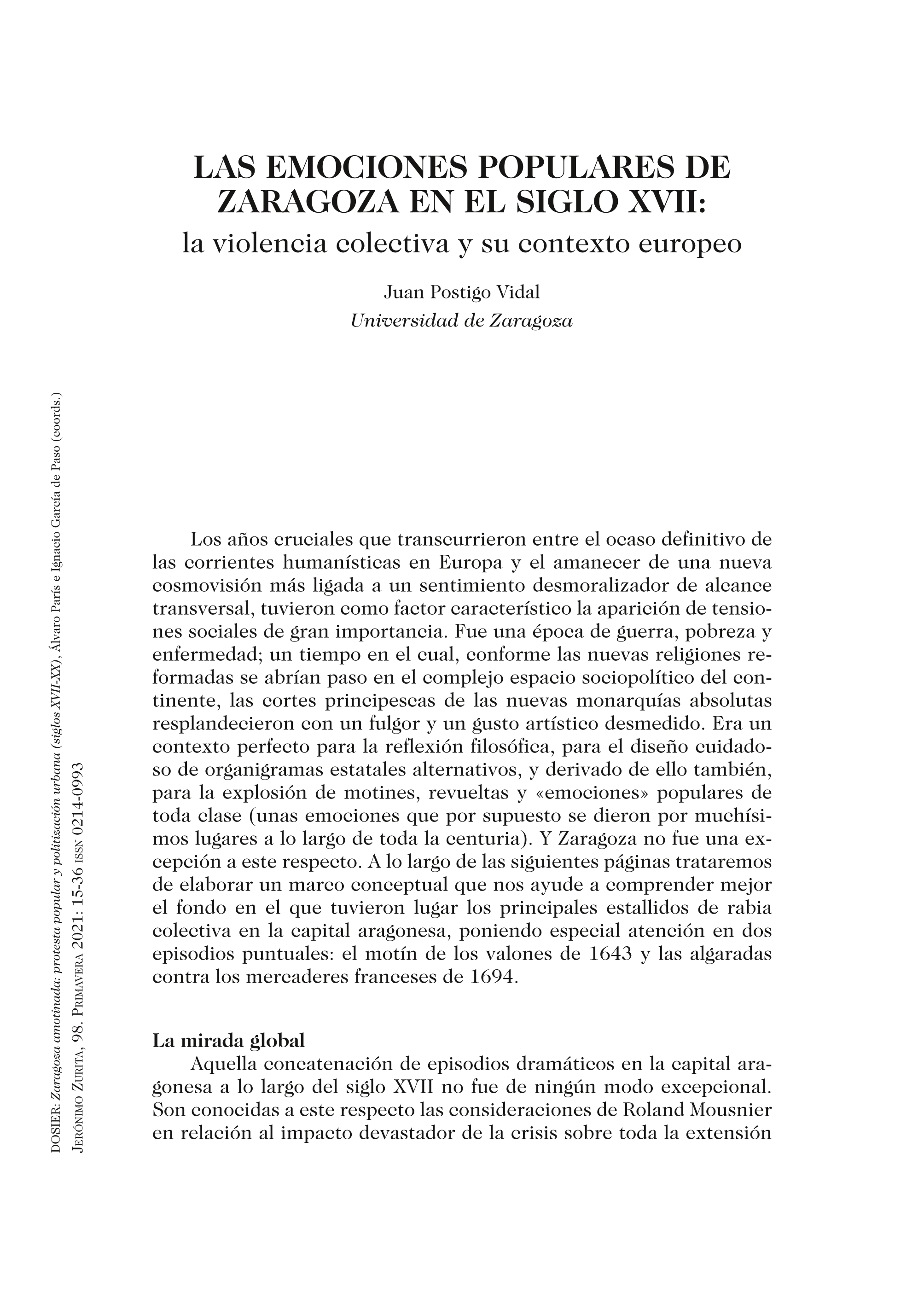 Las emociones populares de Zaragoza en el siglo XVII: La violencia colectiva y su contexto europeo