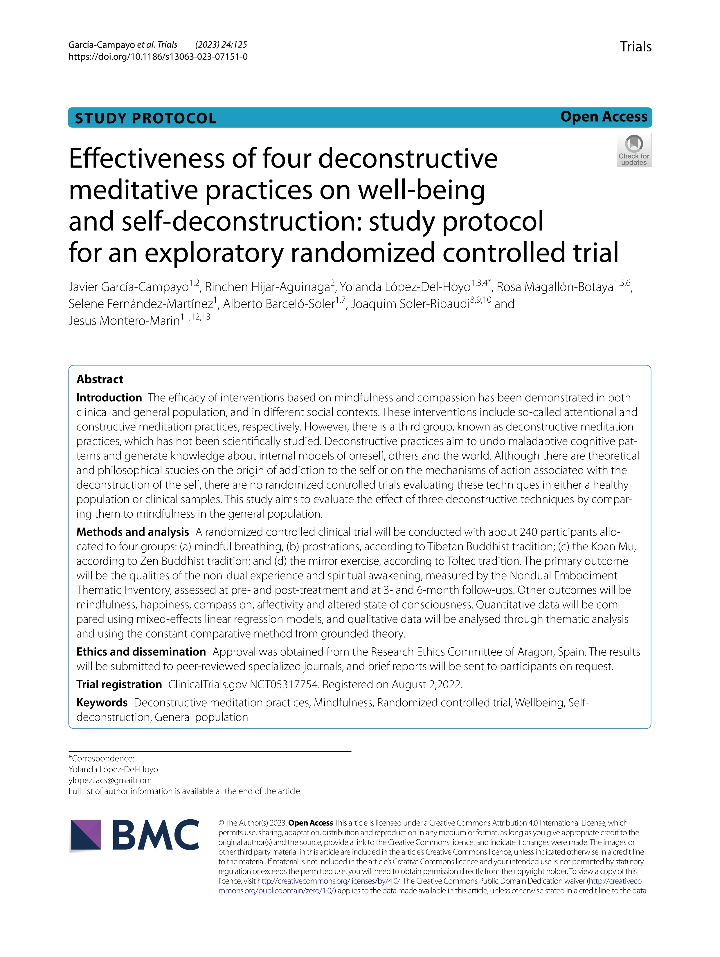 Effectiveness of four deconstructive meditative practices on well-being and self-deconstruction: study protocol for an exploratory randomized controlled trial