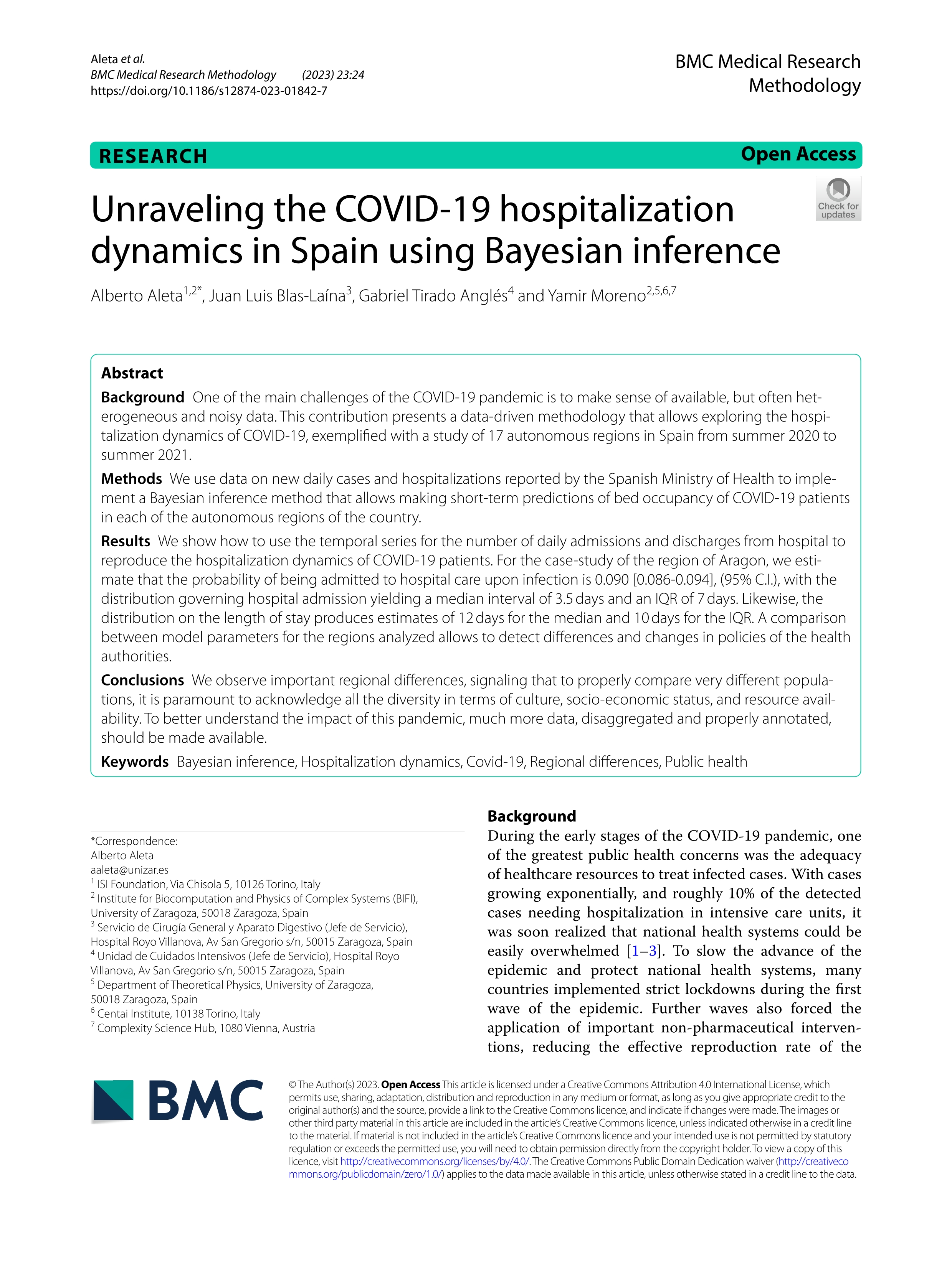 Unraveling the COVID-19 hospitalization dynamics in Spain using Bayesian inference