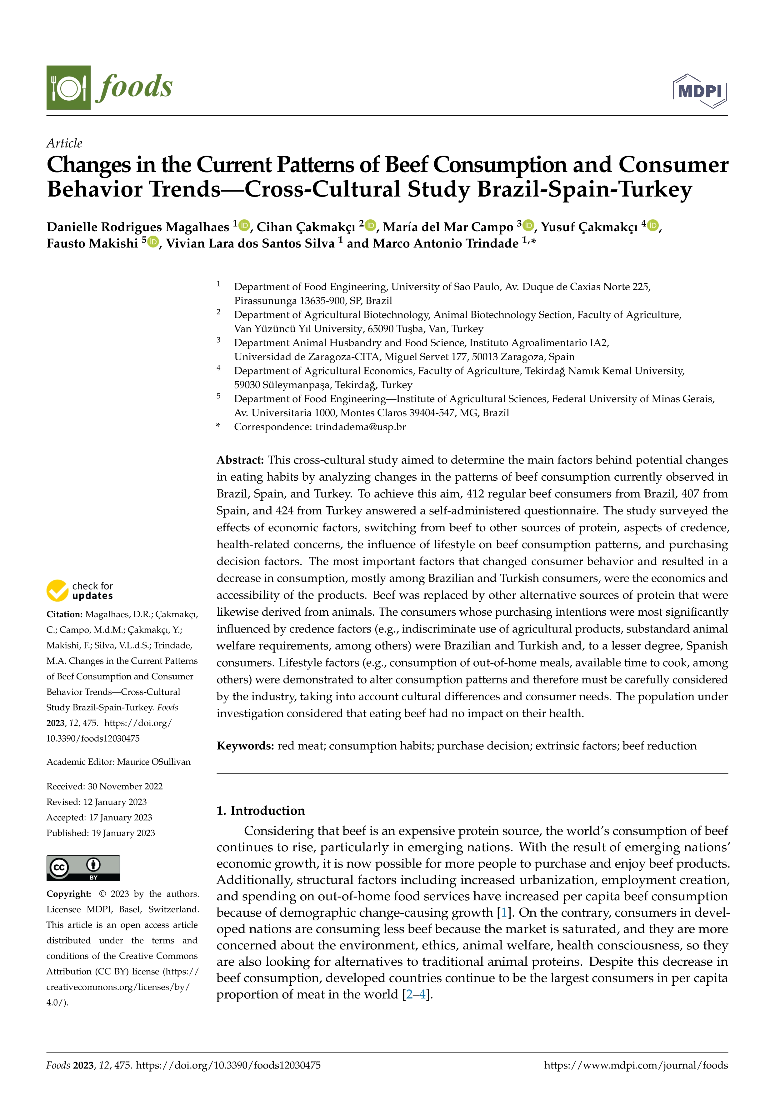 Changes in the current patterns of beef consumption and consumer behavior trends—cross-cultural study brazil-spain-turkey