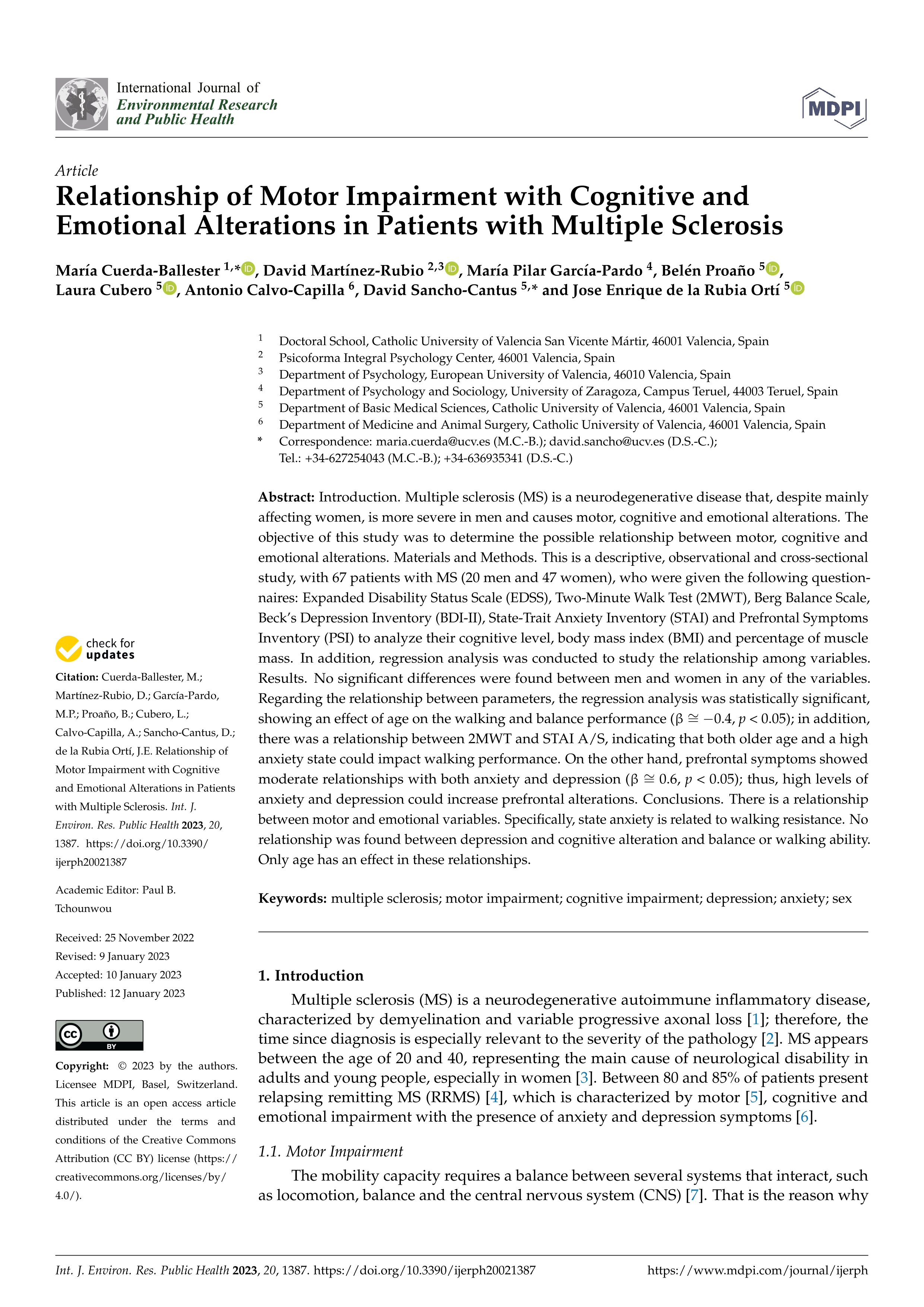 Relationship of motor impairment with cognitive and emotional alterations in patients with multiple sclerosis