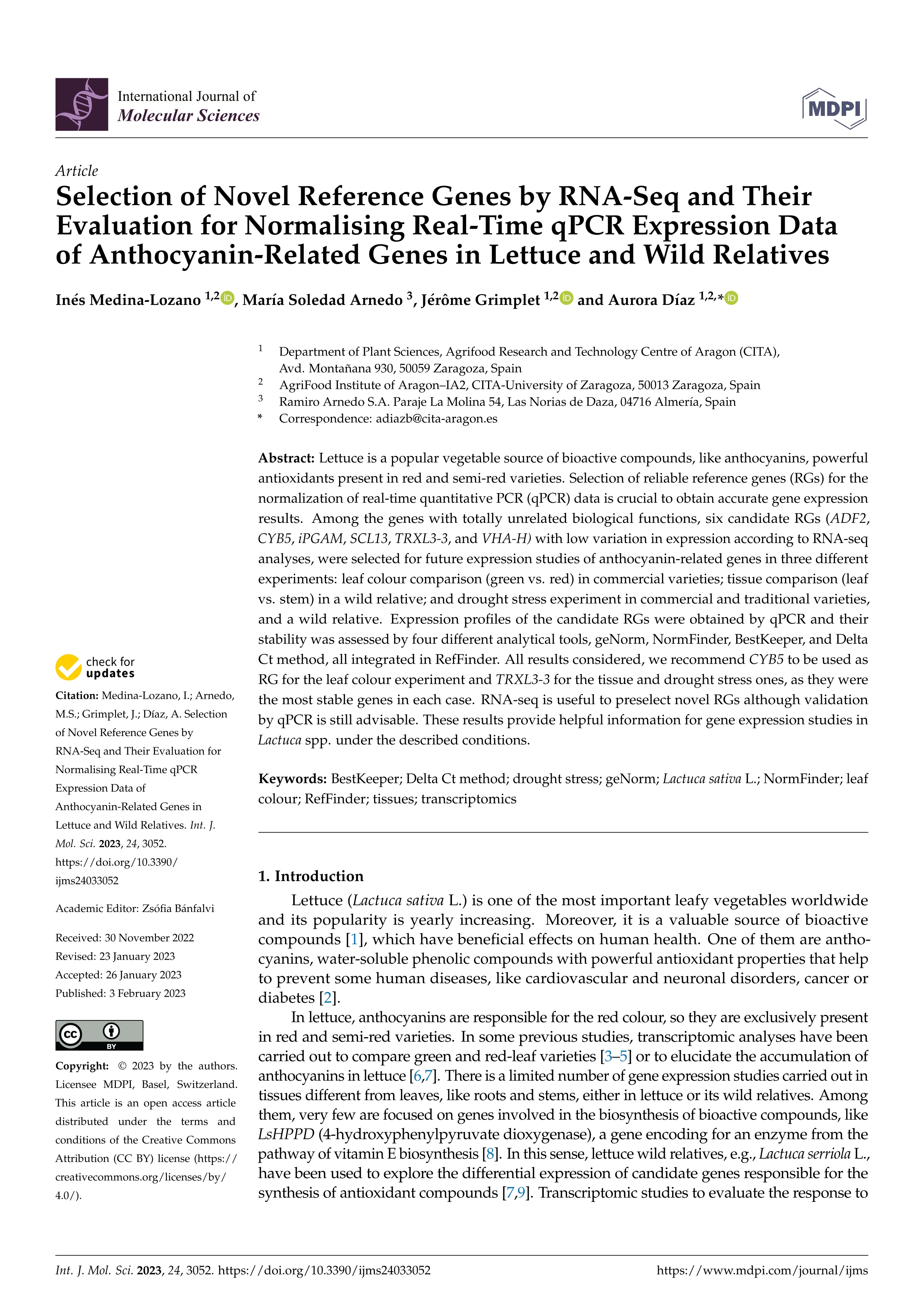 Selection of novel reference genes by RNA-Seq and their evaluation for normalising real-time qPCR expression data of anthocyanin-related genes in lettuce and wild relatives