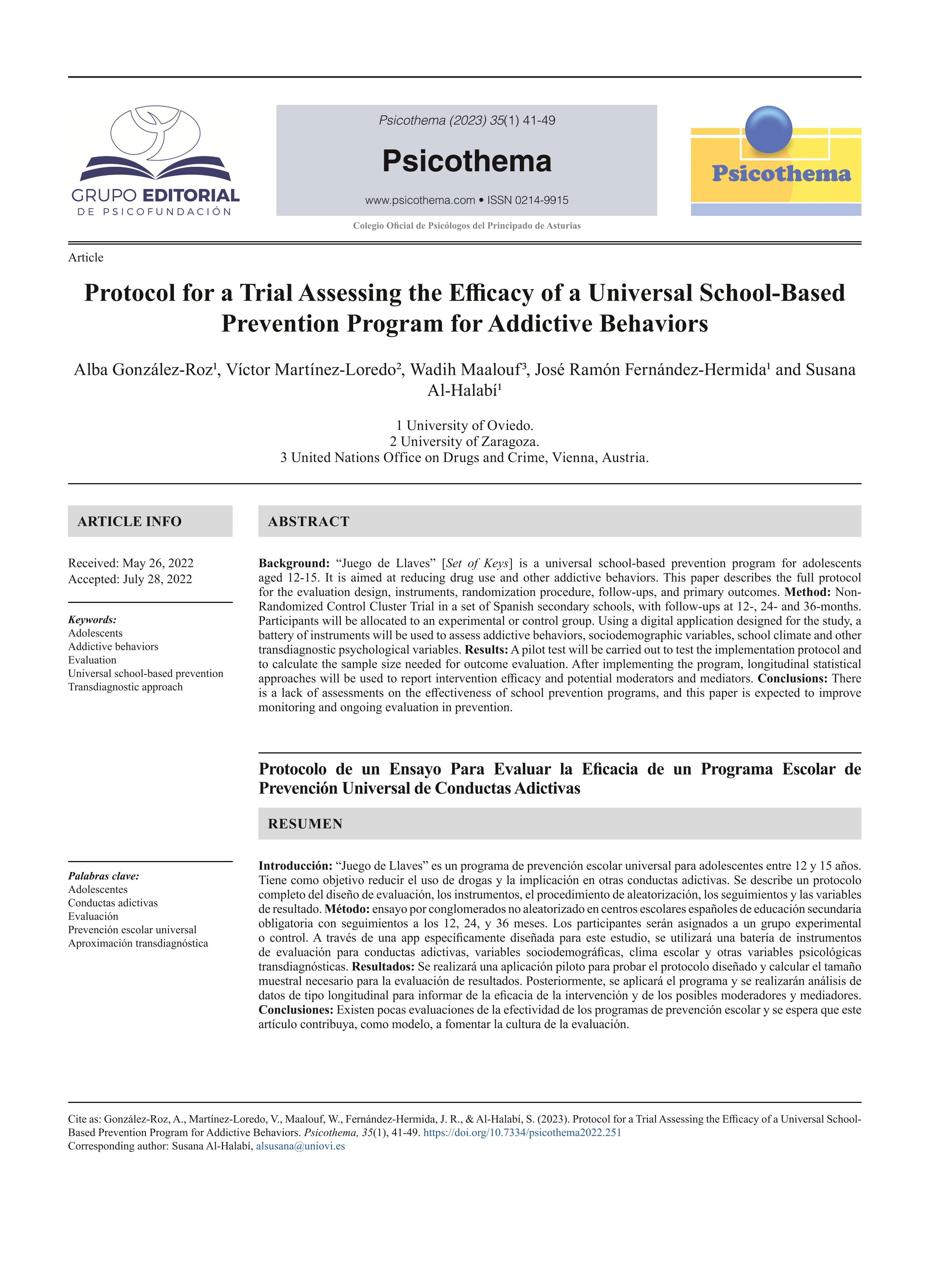Protocol for a trial assessing the efficacy of a universal school-based prevention program for addictive behaviors