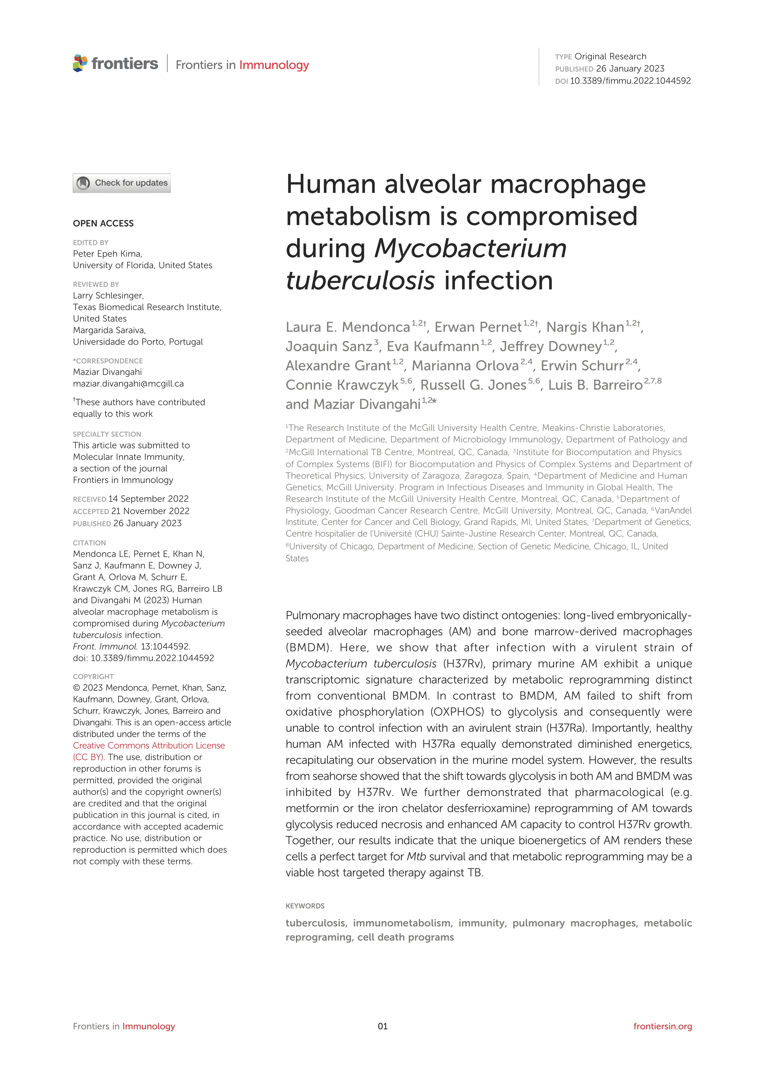 Human alveolar macrophage metabolism is compromised during Mycobacterium tuberculosis infection