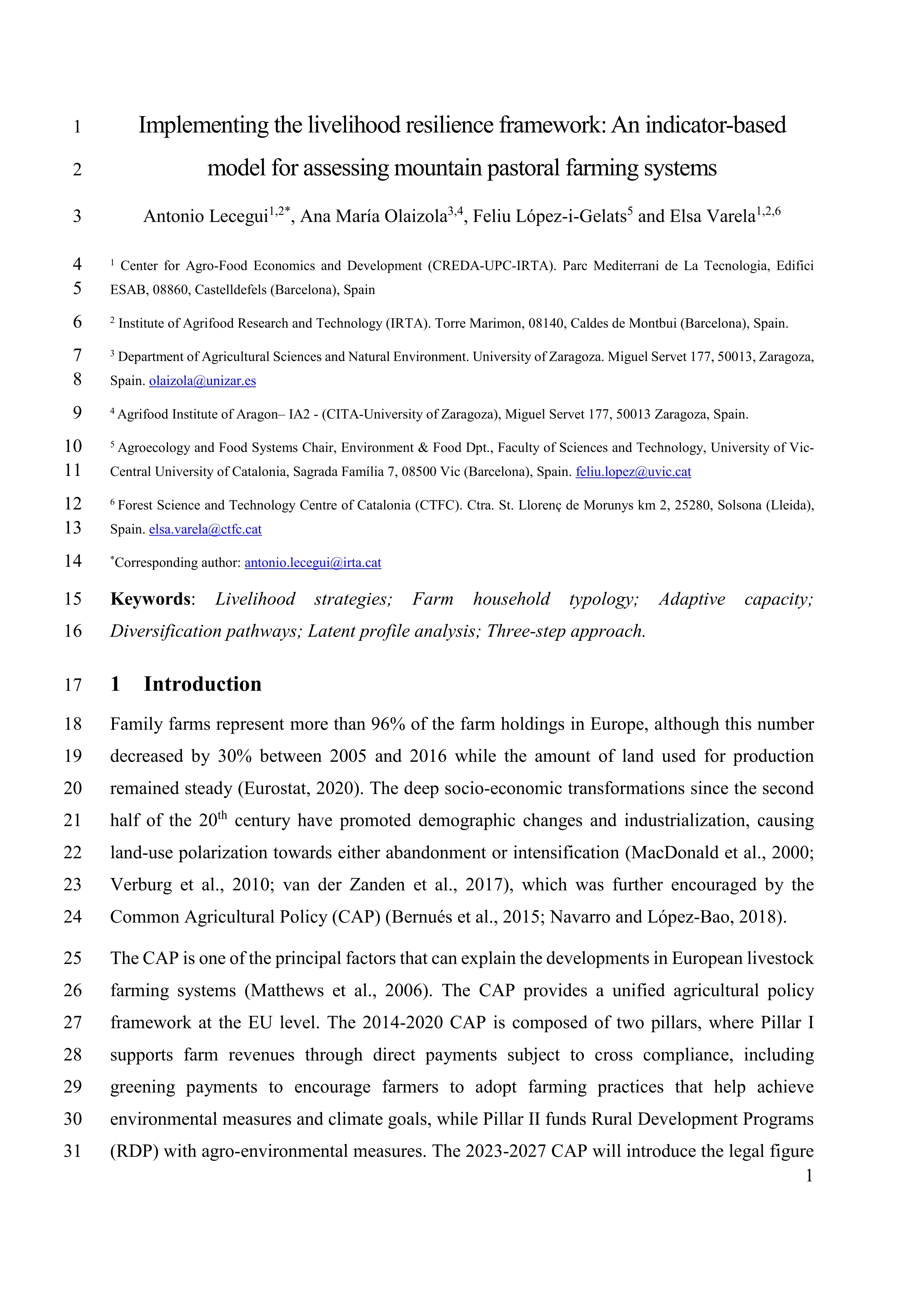 Implementing the livelihood resilience framework: an indicator-based model for assessing mountain pastoral farming systems