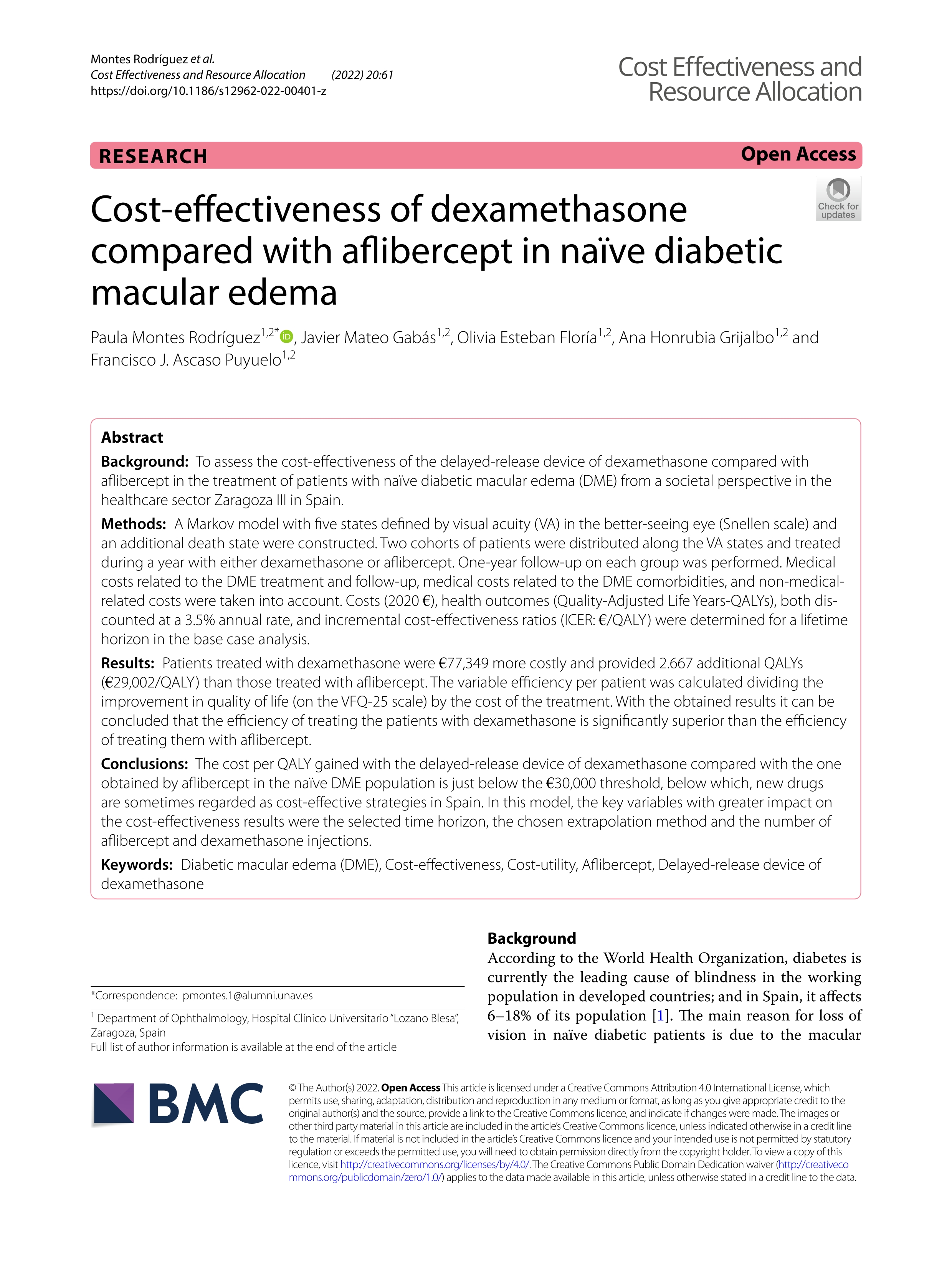 Cost-effectiveness of dexamethasone compared with aflibercept in naïve diabetic macular edema