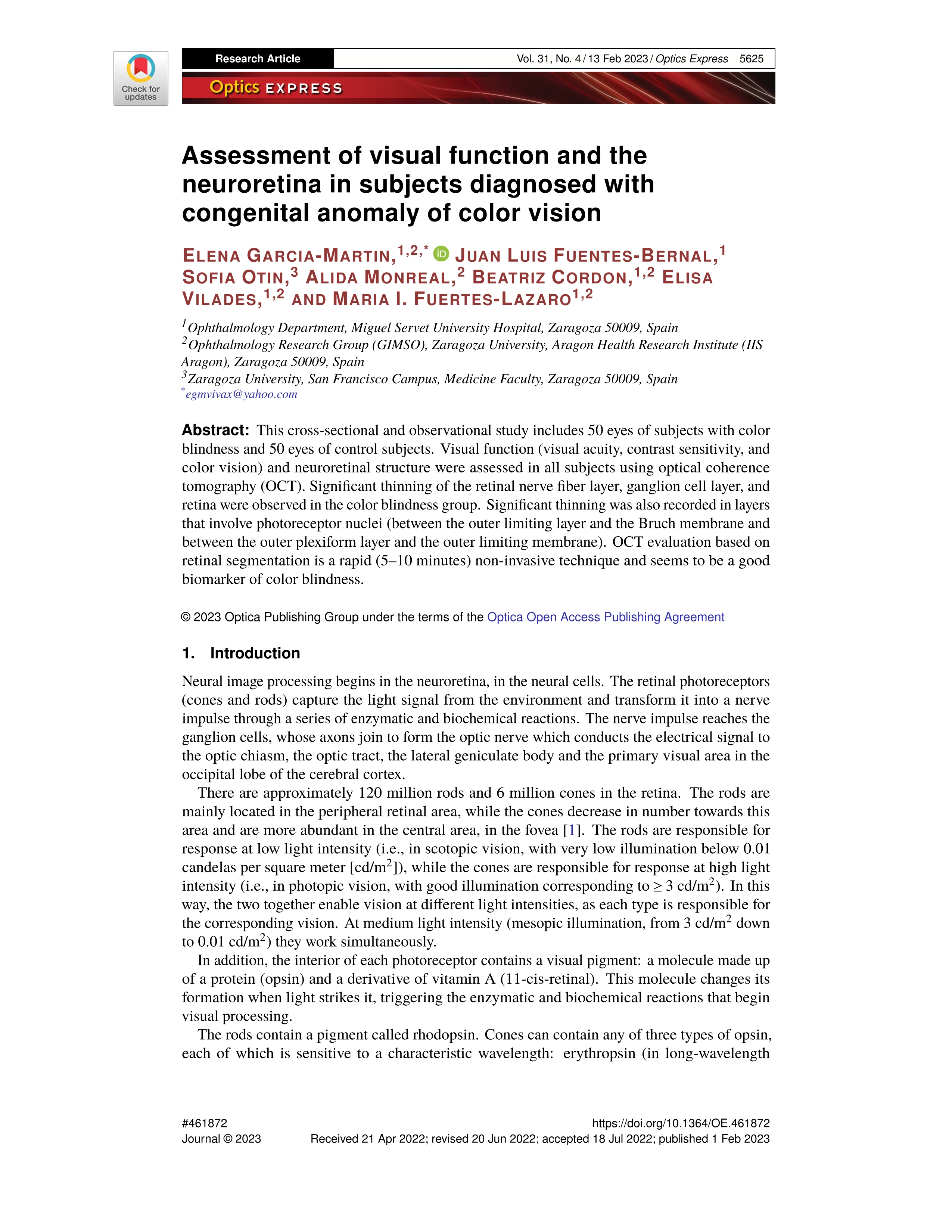 Assessment of visual function and the neuroretina in subjects diagnosed with congenital anomaly of color vision