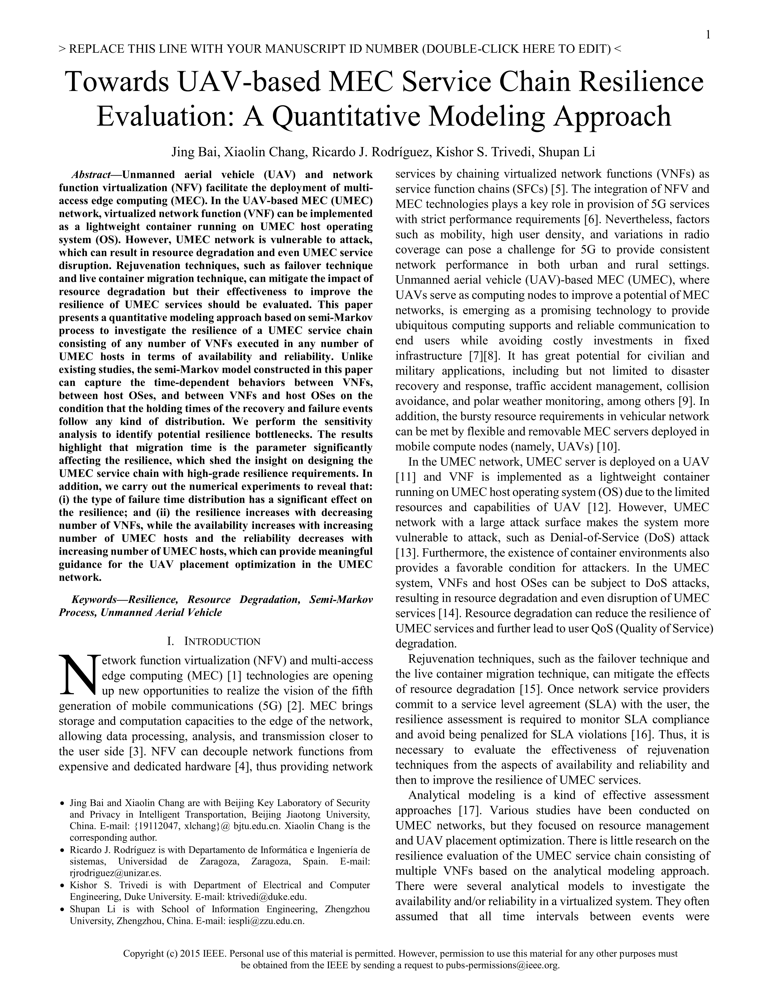 Towards UAV-based MEC service chain resilience evaluation: a quantitative modeling approach