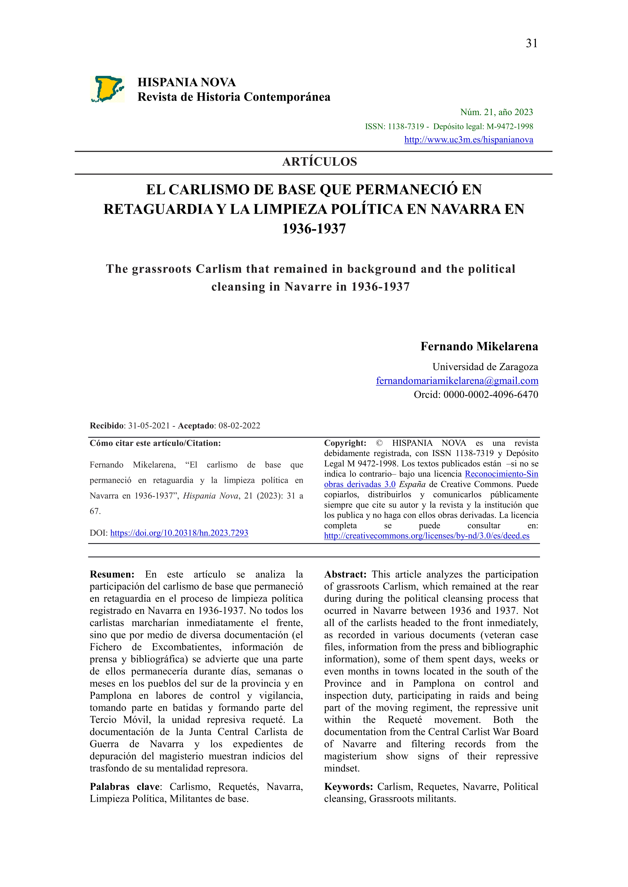 El Carlismo de base que permaneció en retaguardia y la limpieza política en Navarra en 1936-1937