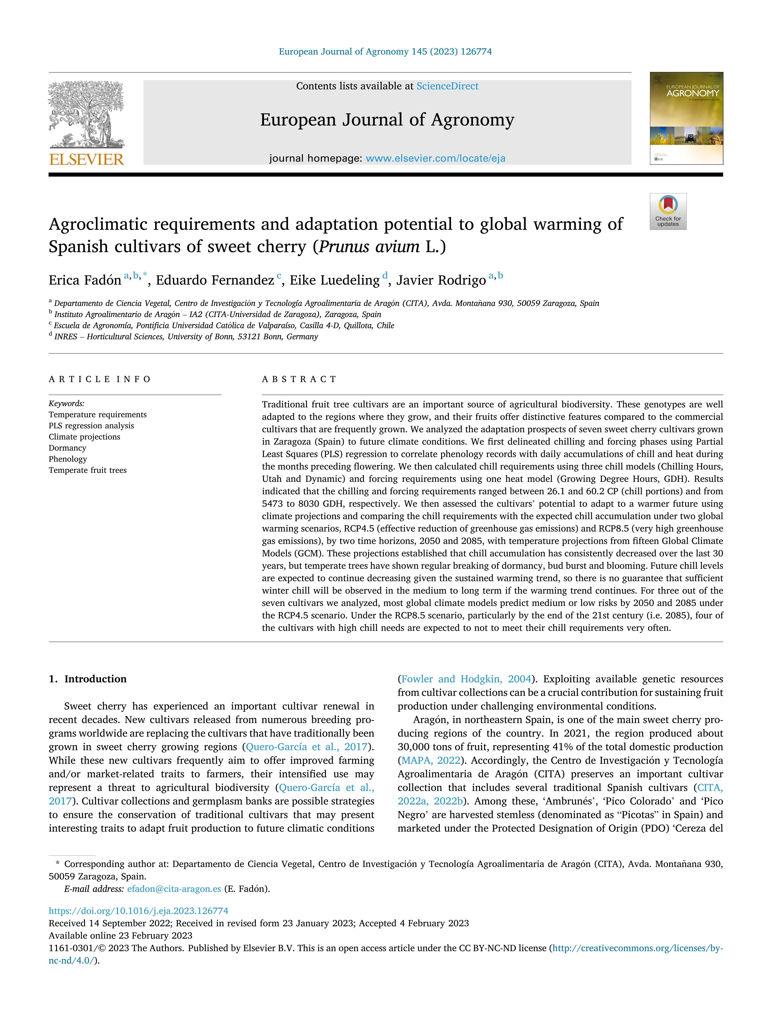 Agroclimatic requirements and adaptation potential to global warming of Spanish cultivars of sweet cherry (Prunus avium L.)