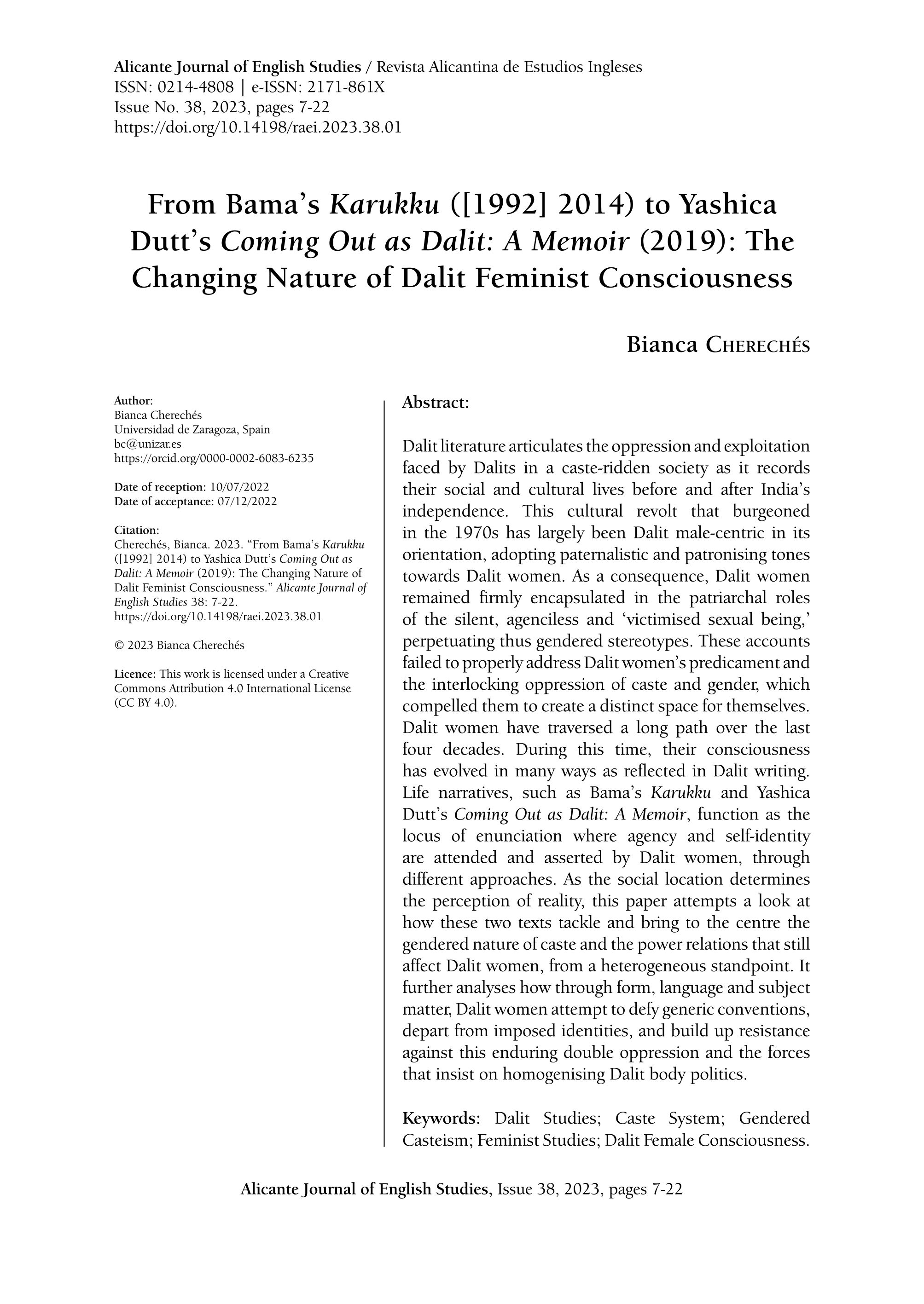 From Bama’s Karukku ([1992] 2014) to Yashica Dutt’s coming out as dalit: a memoir (2019): the changing nature of dalit feminist consciousness