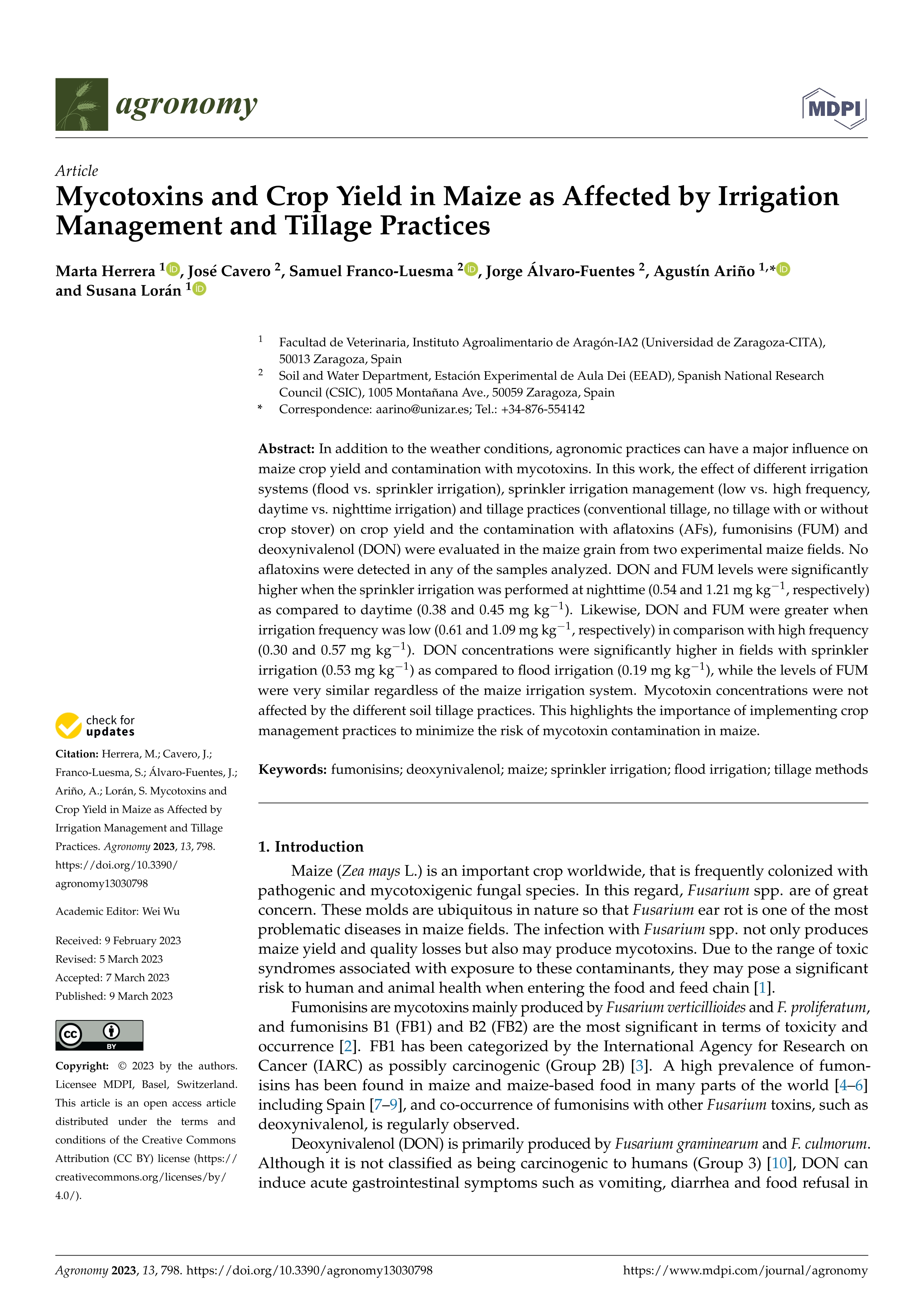 Mycotoxins and crop yield in maize as affected by irrigation management and tillage practices