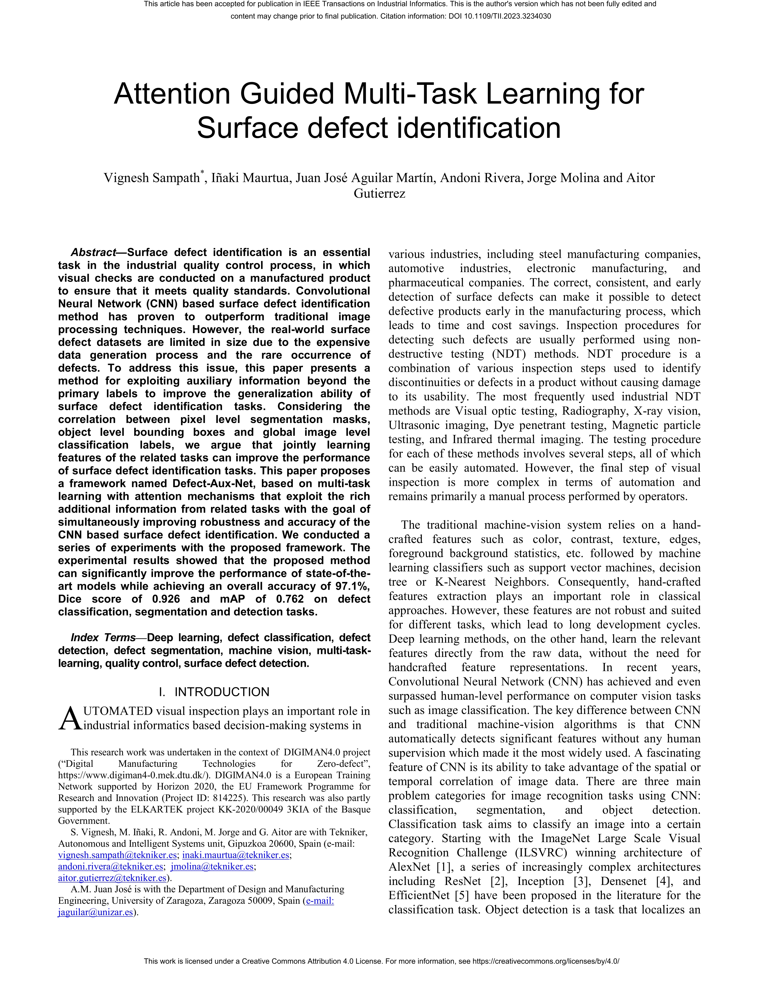 Attention guided multi-task learning for surface defect identification