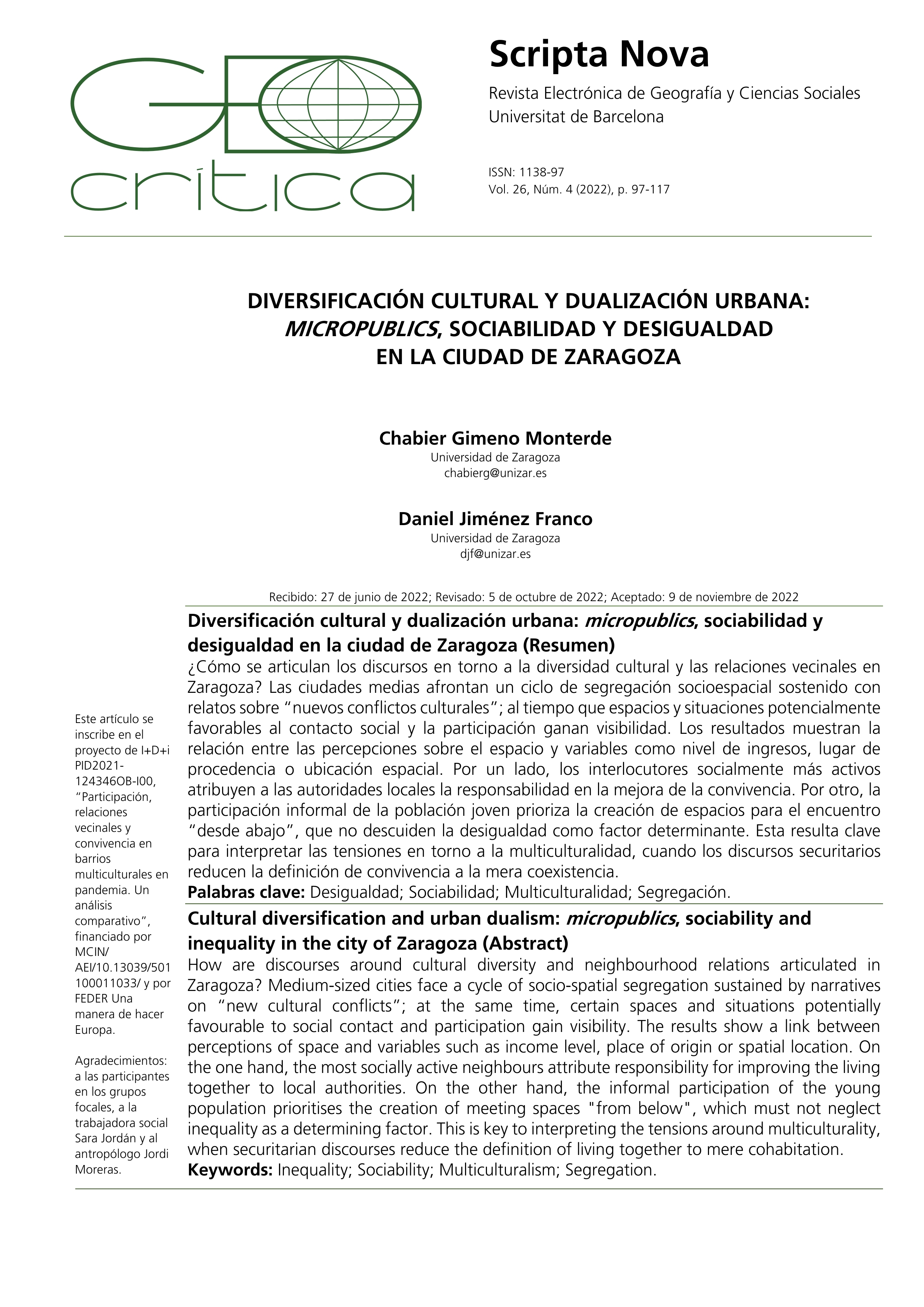 Diversificación cultural y dualización urbana: micropublics, sociabilidad y desigualdad en la ciudad de Zaragoza