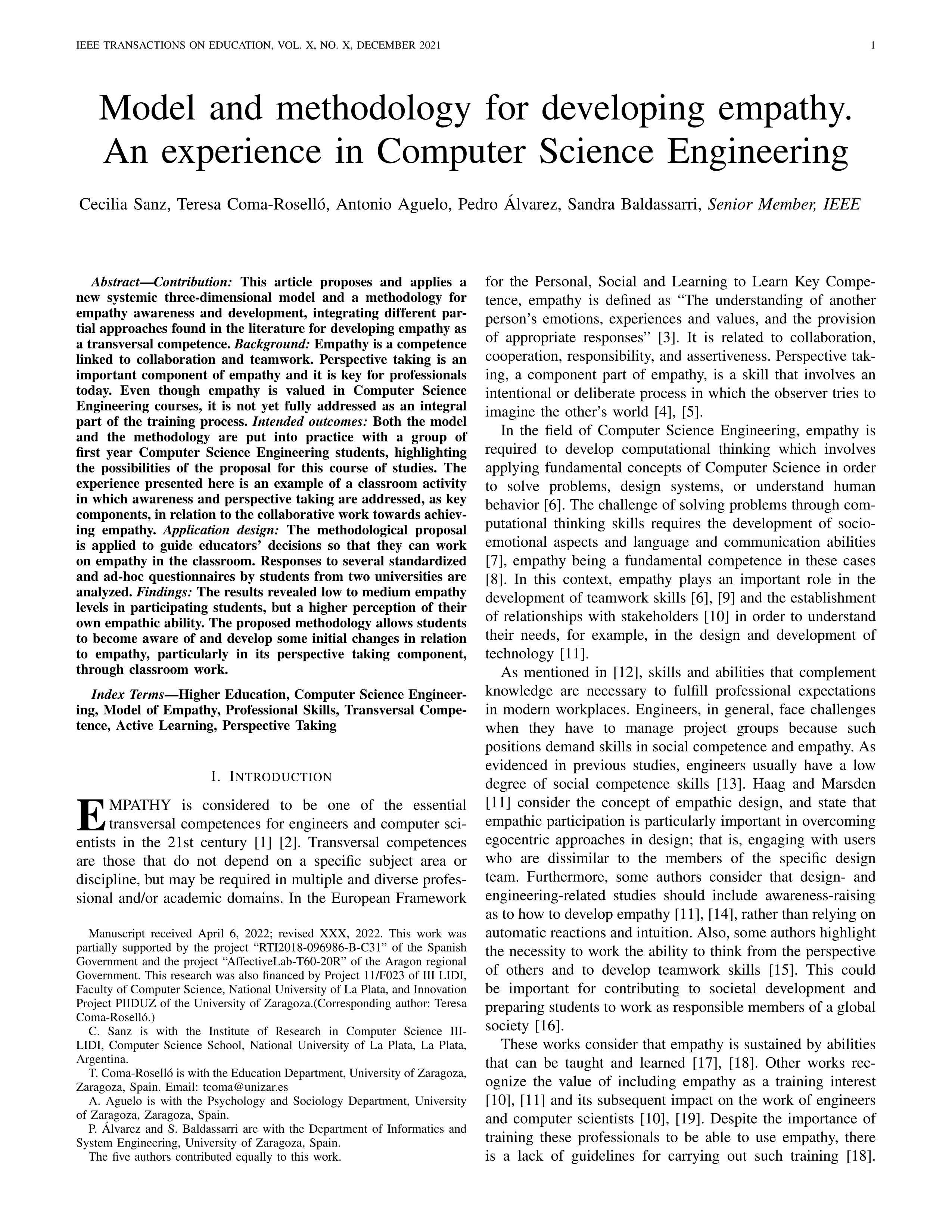 Model and methodology for developing empathy: an experience in computer science engineering