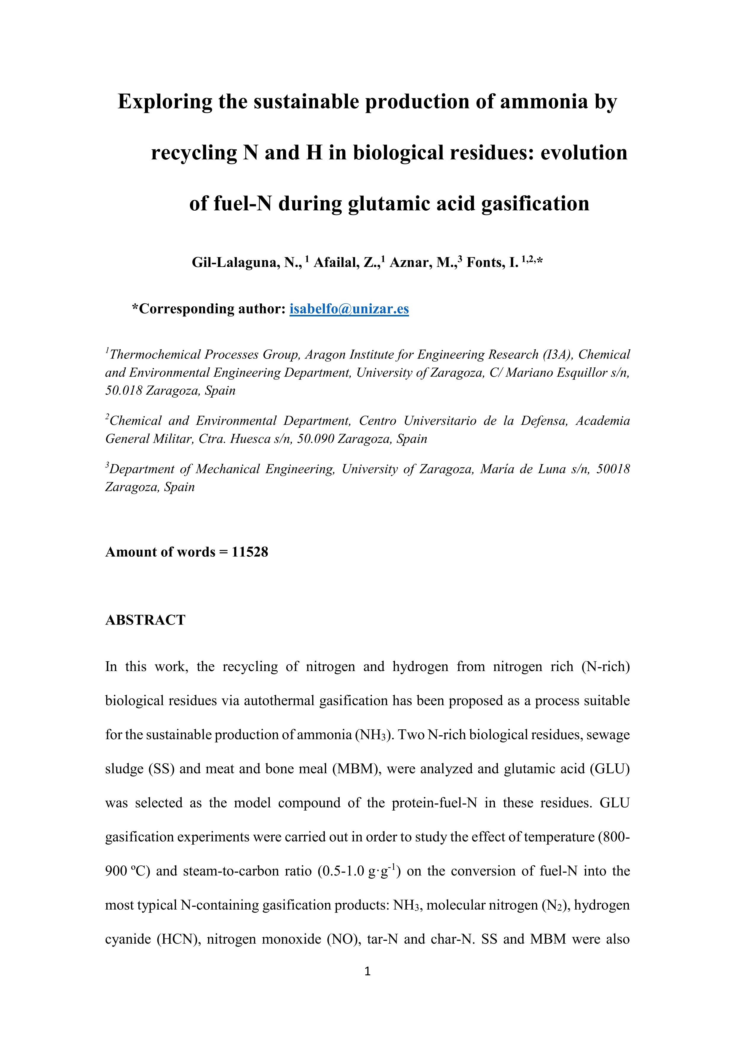 Exploring the sustainable production of ammonia by recycling N and H in biological residues: Evolution of fuel-N during glutamic acid gasification