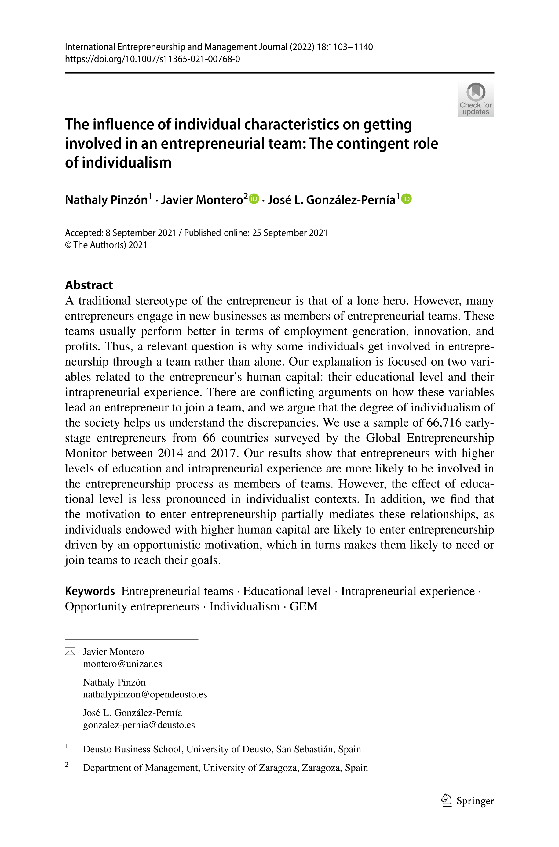 The influence of individual characteristics on getting involved in an entrepreneurial team: The contingent role of individualism