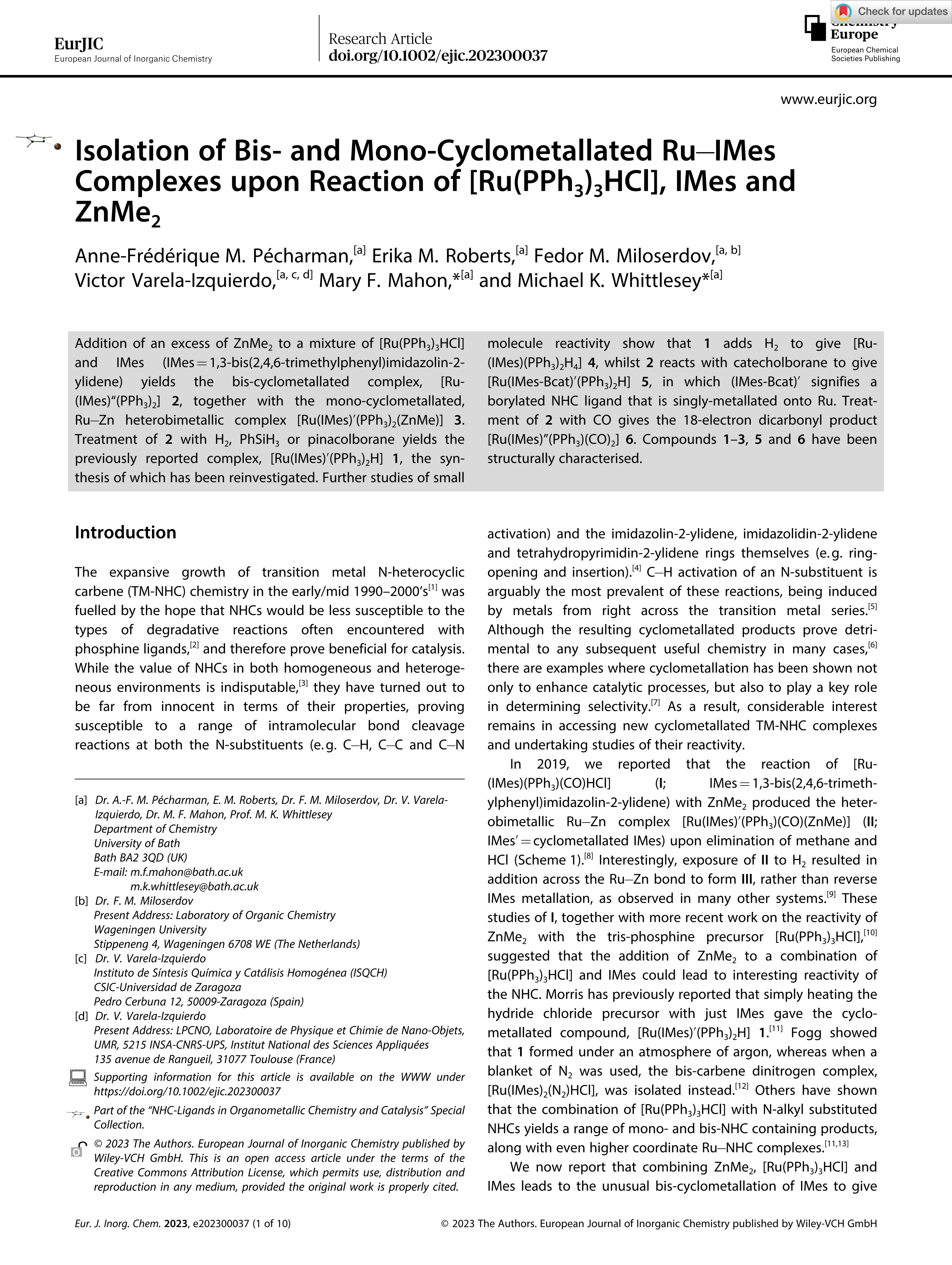 Isolation of Bis- and Mono-Cyclometallated Ru-IMes complexes upon reaction of [Ru(PPh3)3HCl], IMes and ZnMe2