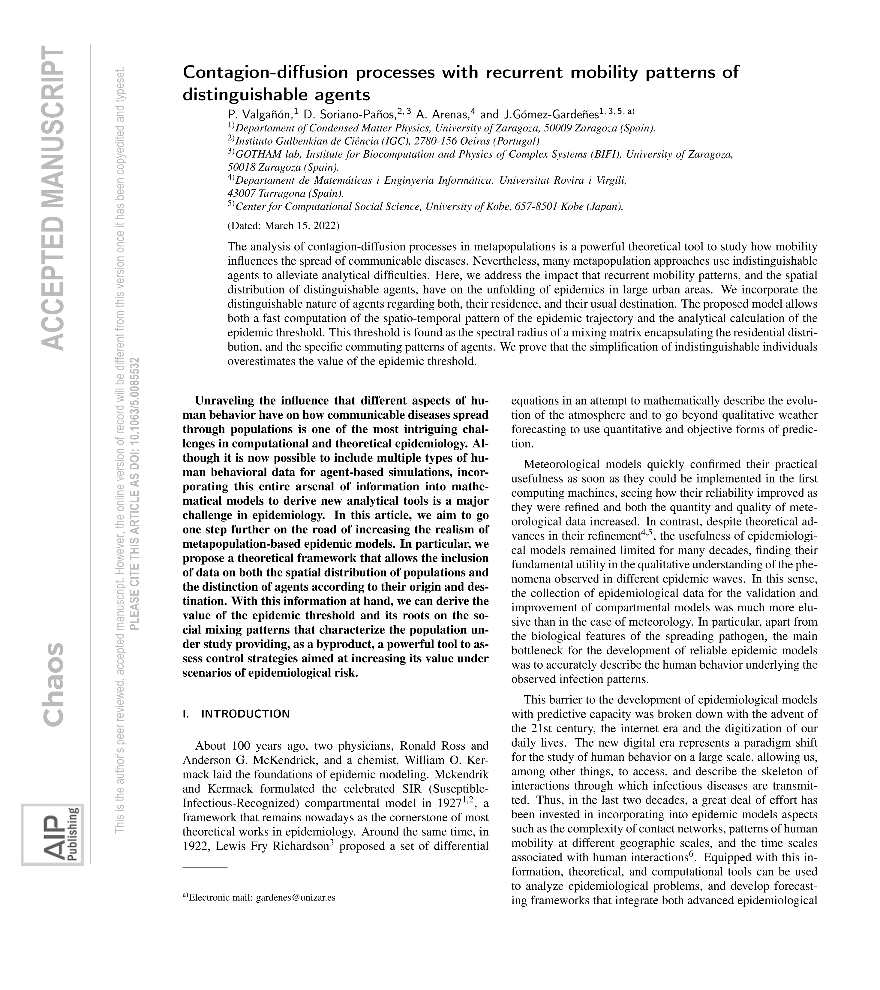 Contagion-diffusion processes with recurrent mobility patterns of distinguishable agents