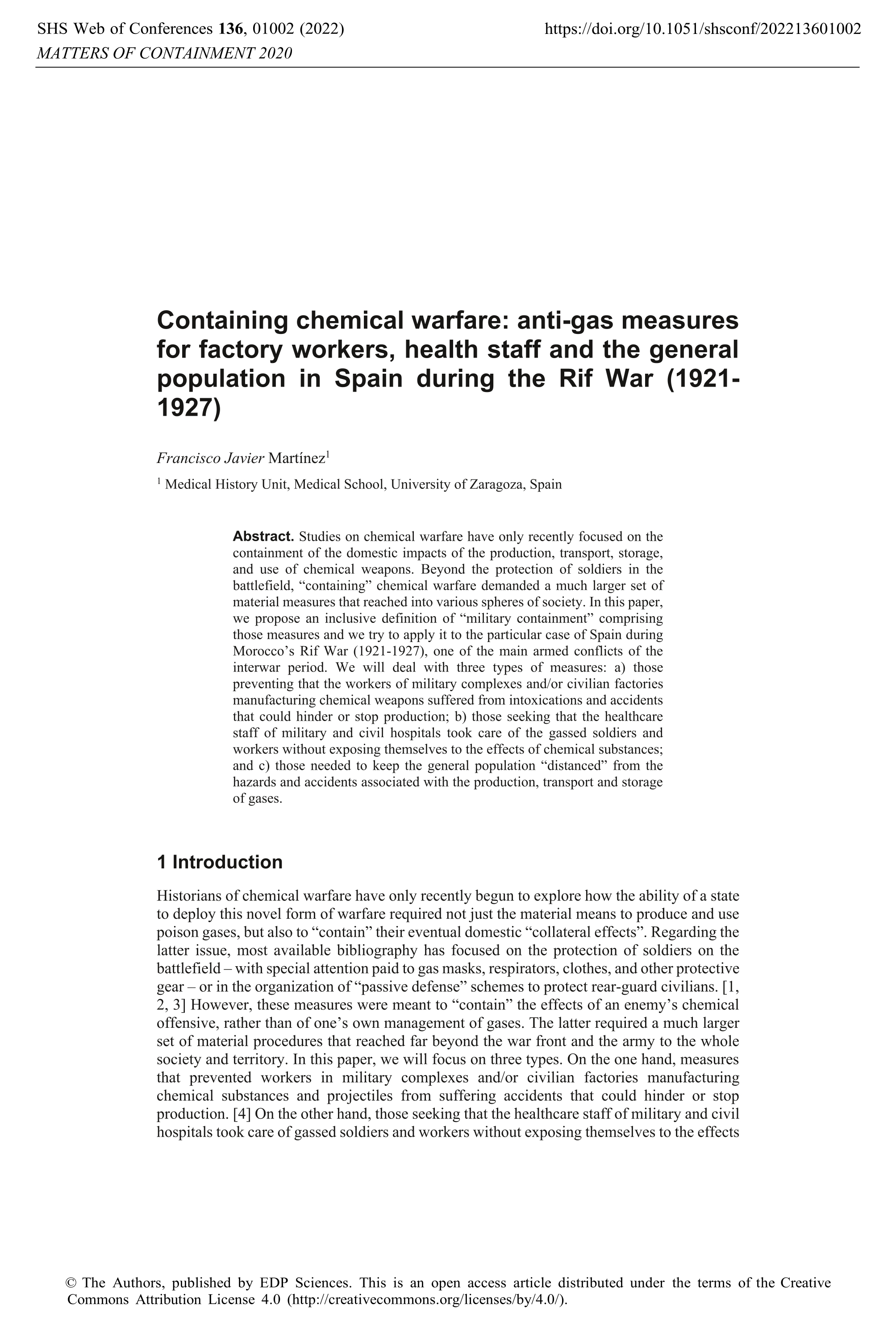 Containing chemical warfare: anti-gas measures for factory workers, health staff and the general population in Spain during the Rif War (1921-1927)