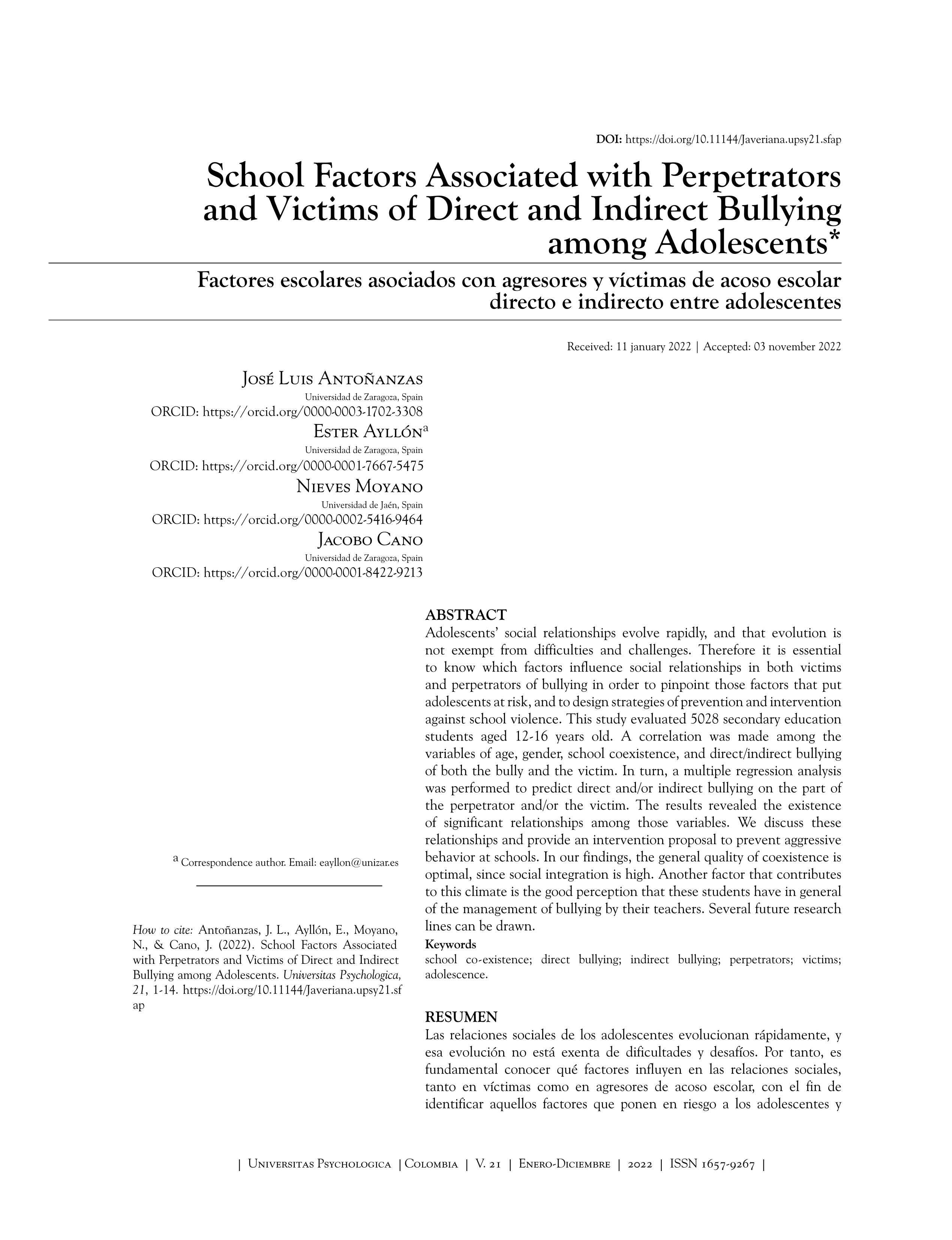 School Factors Associated with Perpetrators and Victims of Direct and Indirect Bullying among Adolescents