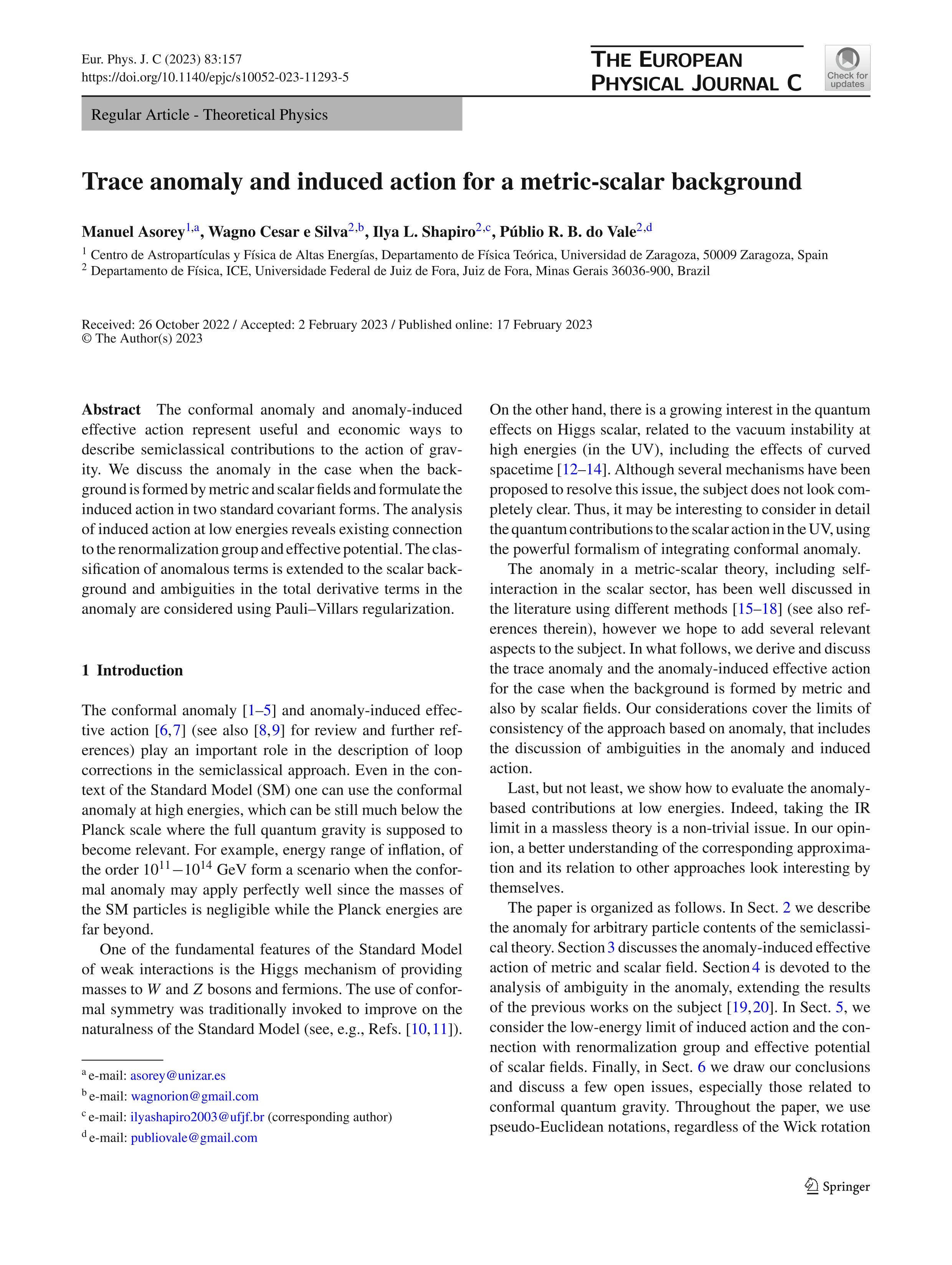 Trace anomaly and induced action for a metric-scalar background