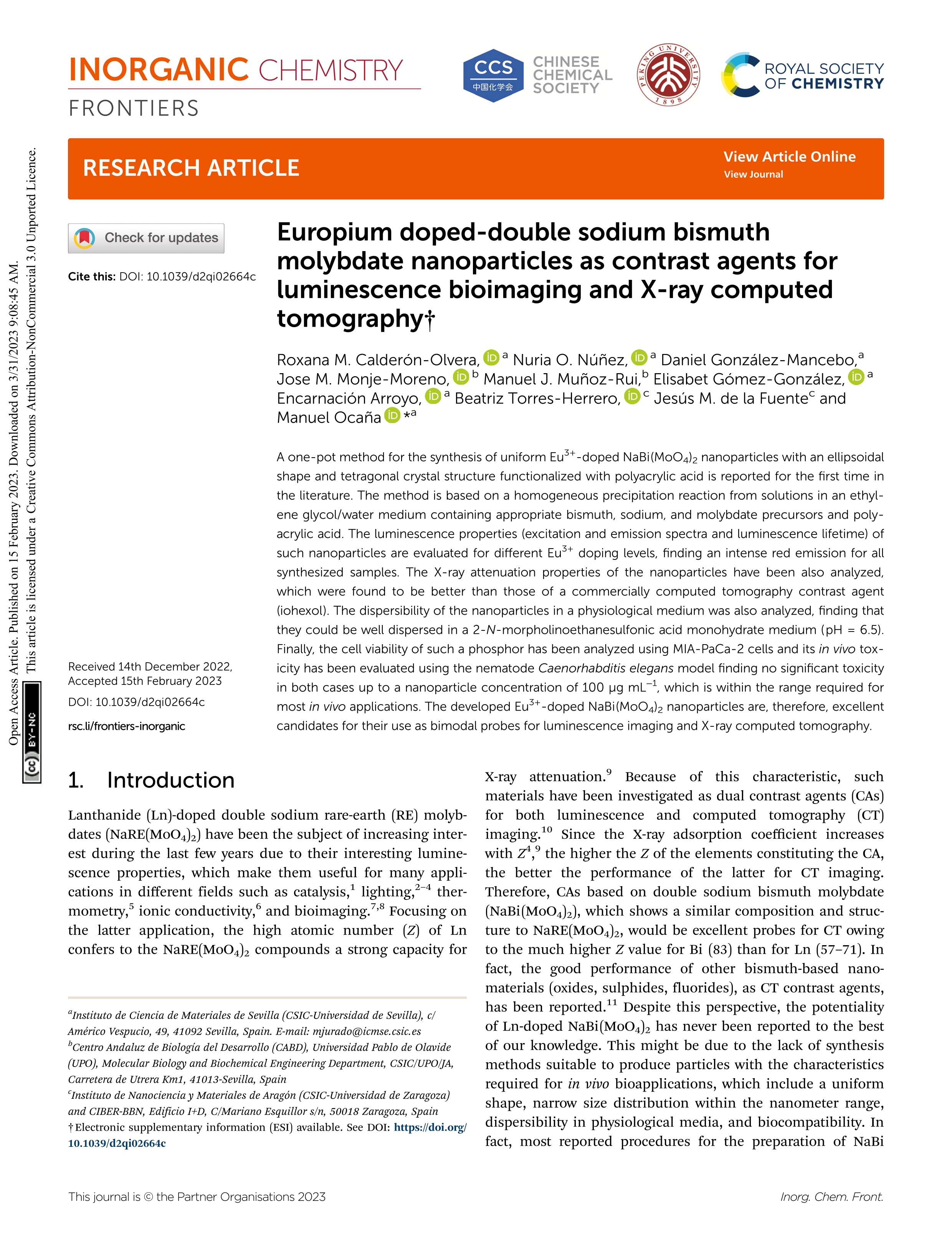 Europium doped-double sodium bismuth molybdate nanoparticles as contrast agents for luminescence bioimaging and X-ray computed tomography