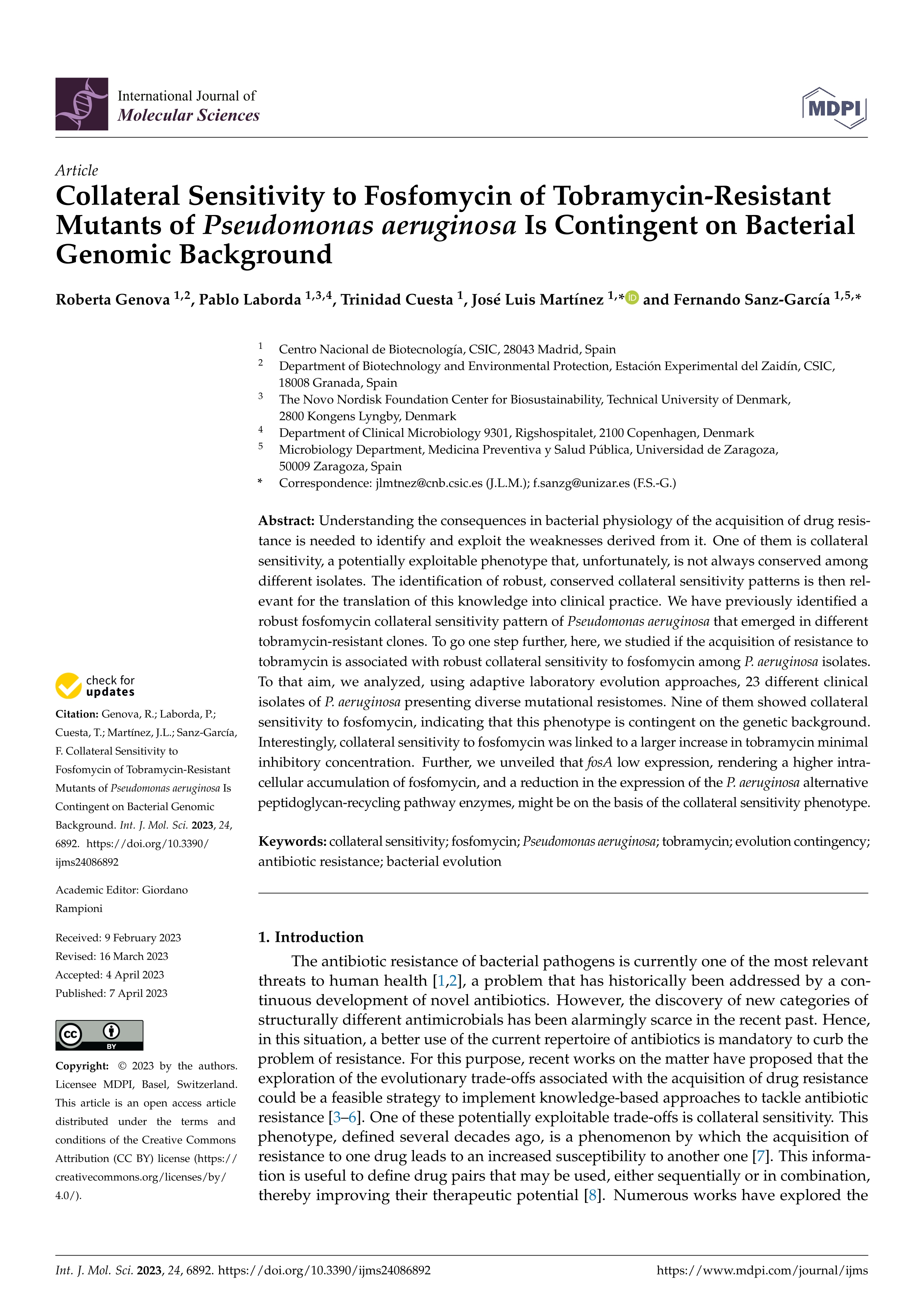 Collateral sensitivity to fosfomycin of tobramycin-resistant mutants of Pseudomonas aeruginosa is contingent on bacterial genomic background