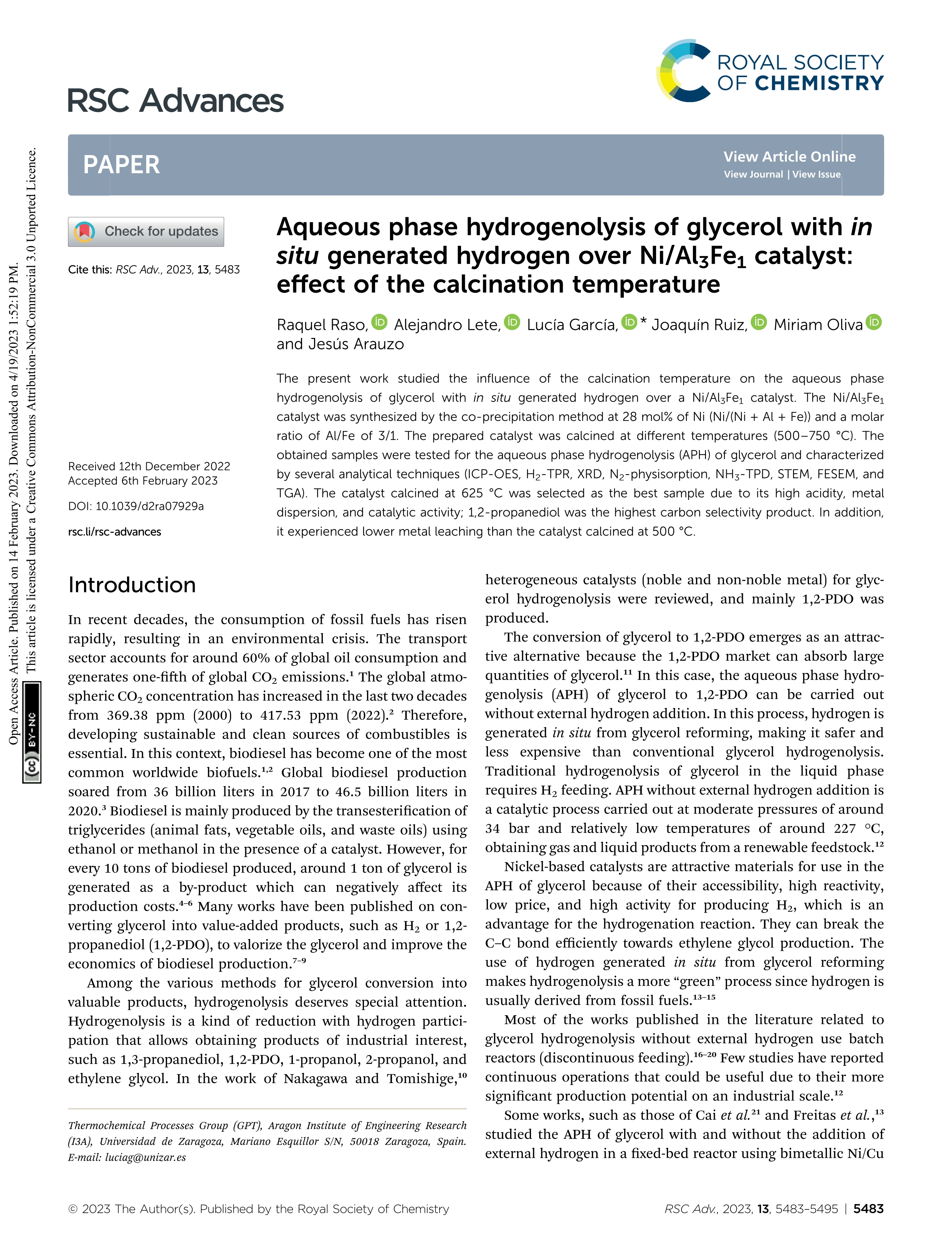 Aqueous phase hydrogenolysis of glycerol with in situ generated hydrogen over Ni/Al3Fe1 catalyst: effect of the calcination temperature