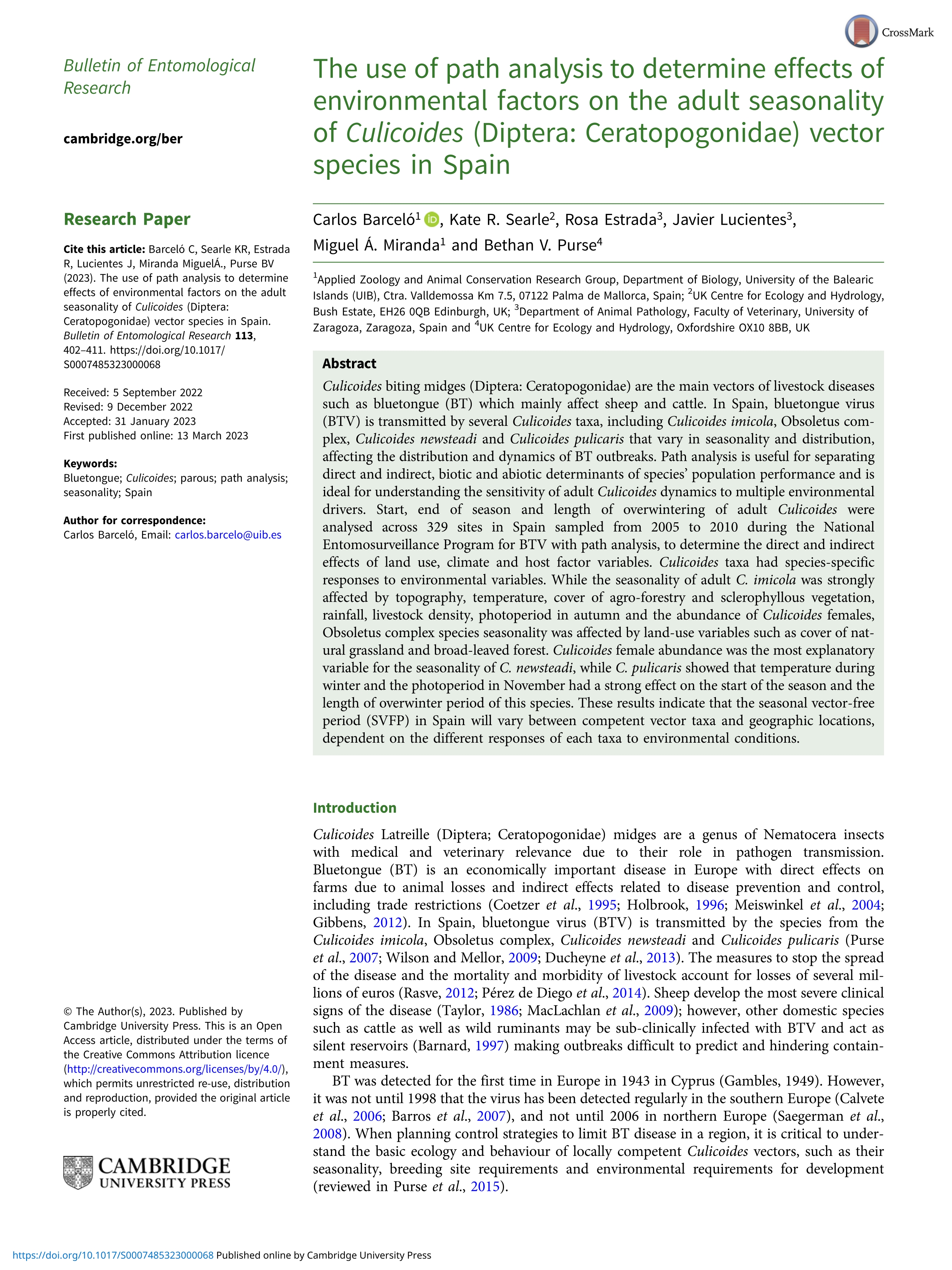 The use of path analysis to determine effects of environmental factors on the adult seasonality of Culicoides (Diptera: Ceratopogonidae) vector species in Spain