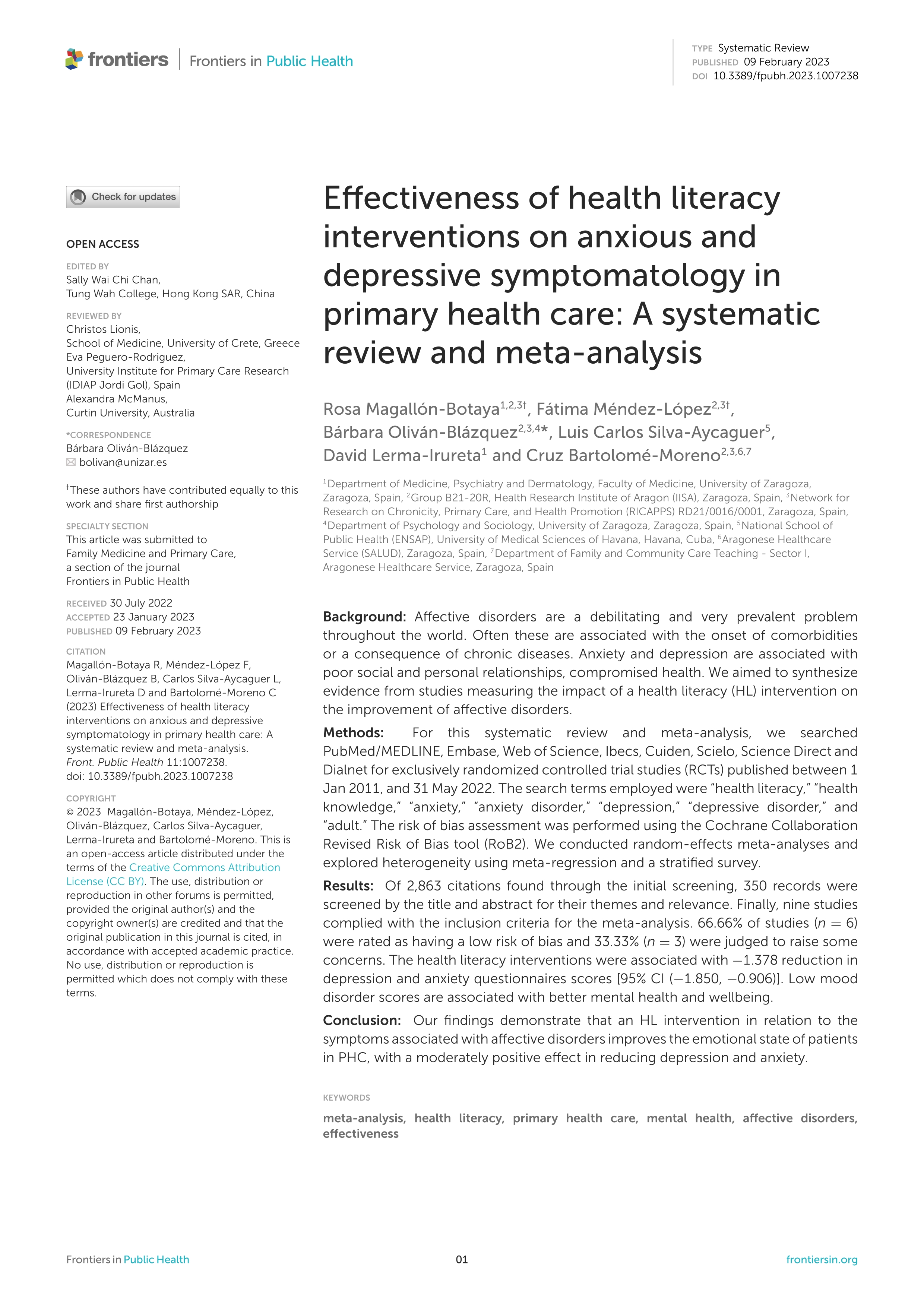 Effectiveness of health literacy interventions on anxious and depressive symptomatology in primary health care: A systematic review and meta-analysis