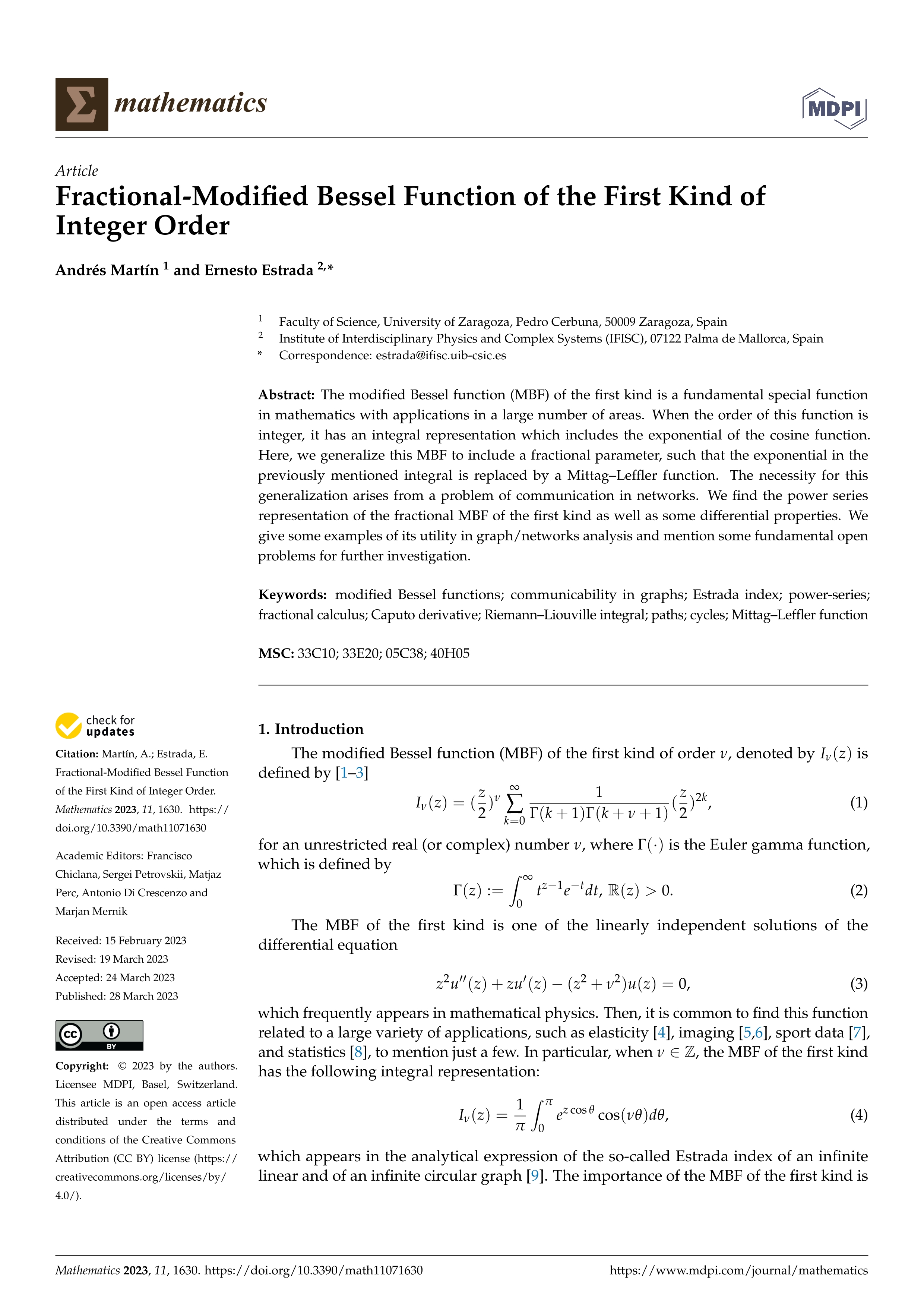 Fractional-modified Bessel Function of the first kind of integer order