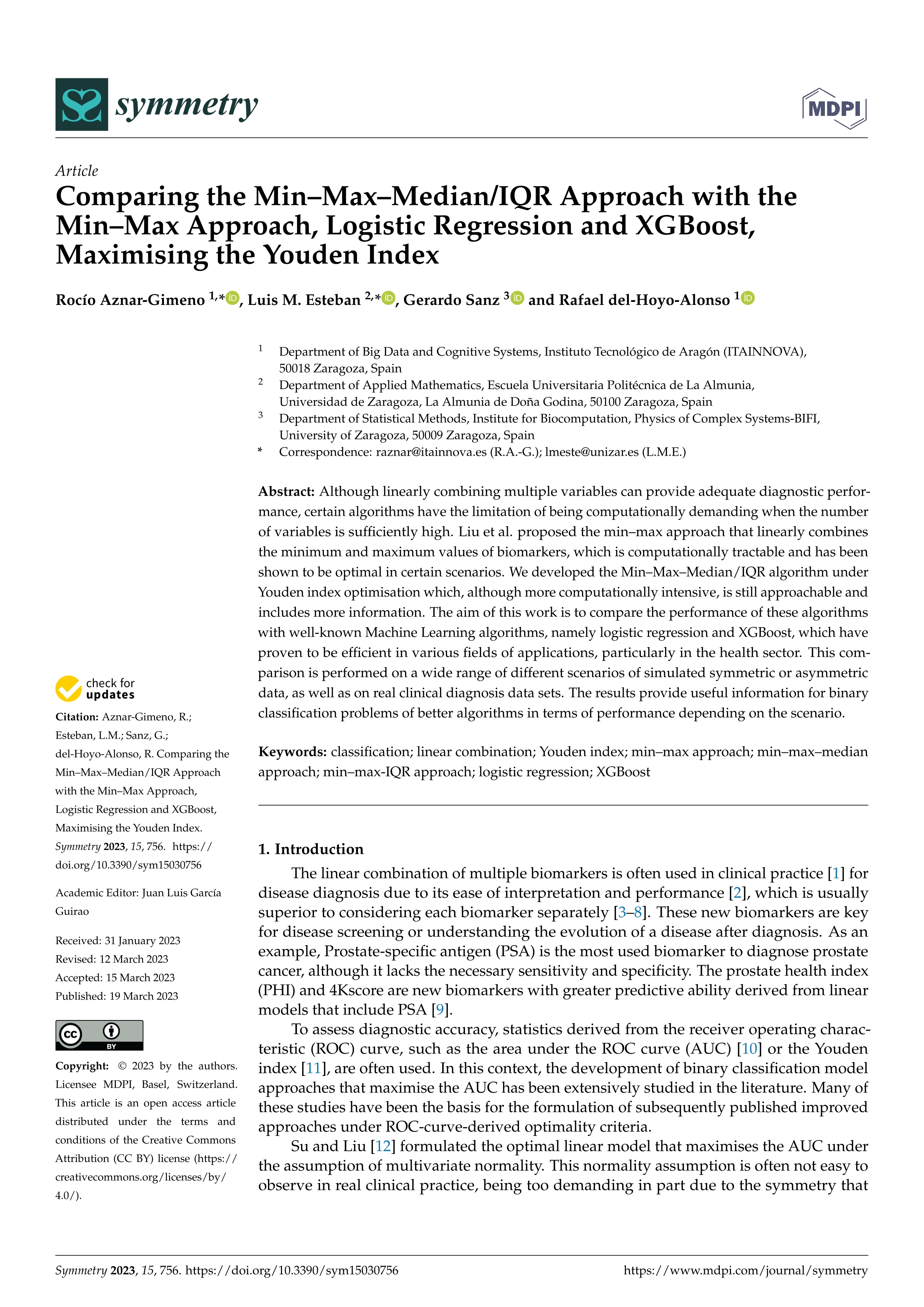 Comparing the Min–Max–Median/IQR Approach with the Min–Max Approach, Logistic Regression and XGBoost, maximising the Youden index