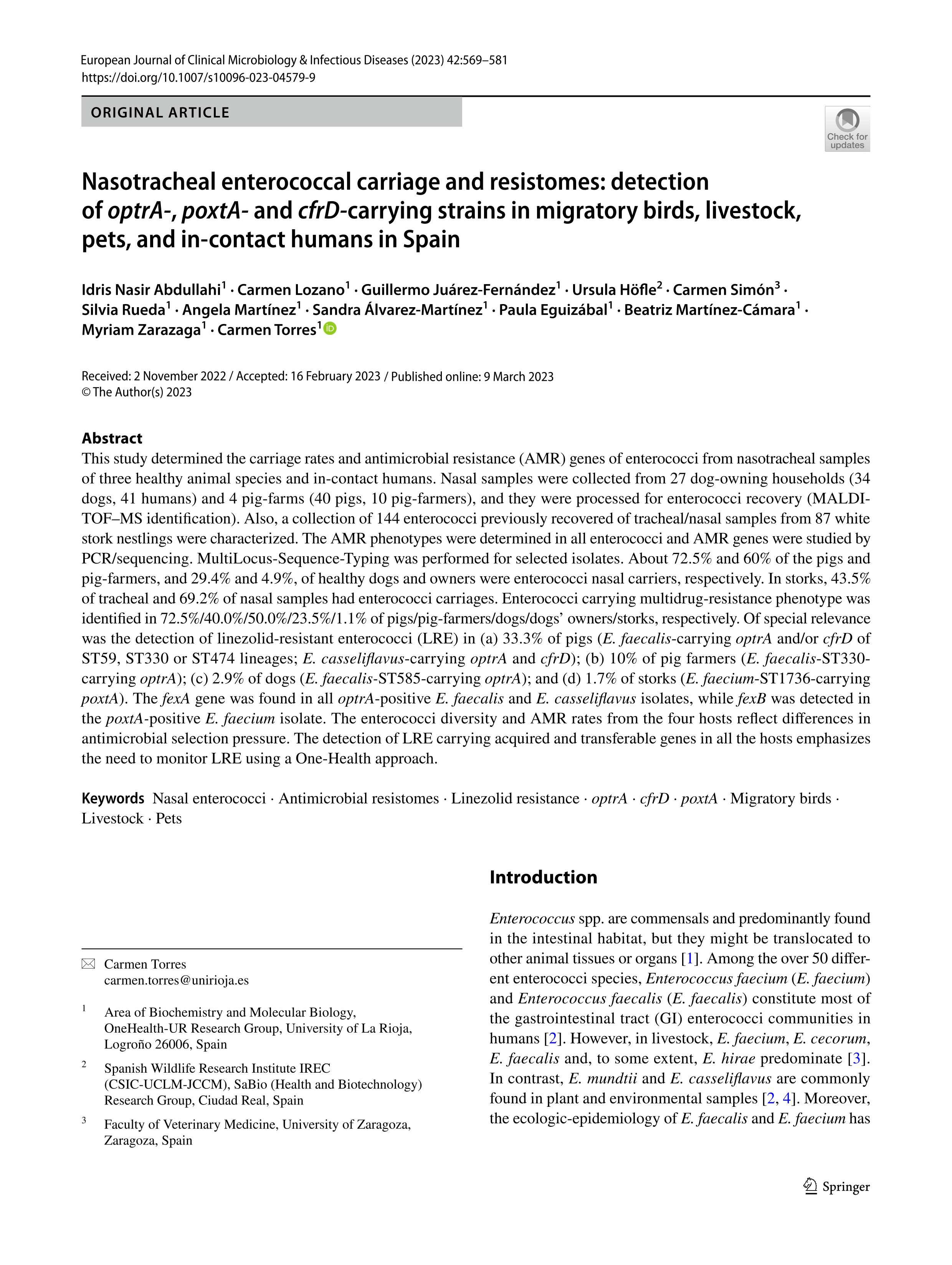Nasotracheal enterococcal carriage and resistomes: detection of optrA-, poxtA- and cfrD-carrying strains in migratory birds, livestock, pets, and in-contact humans in Spain