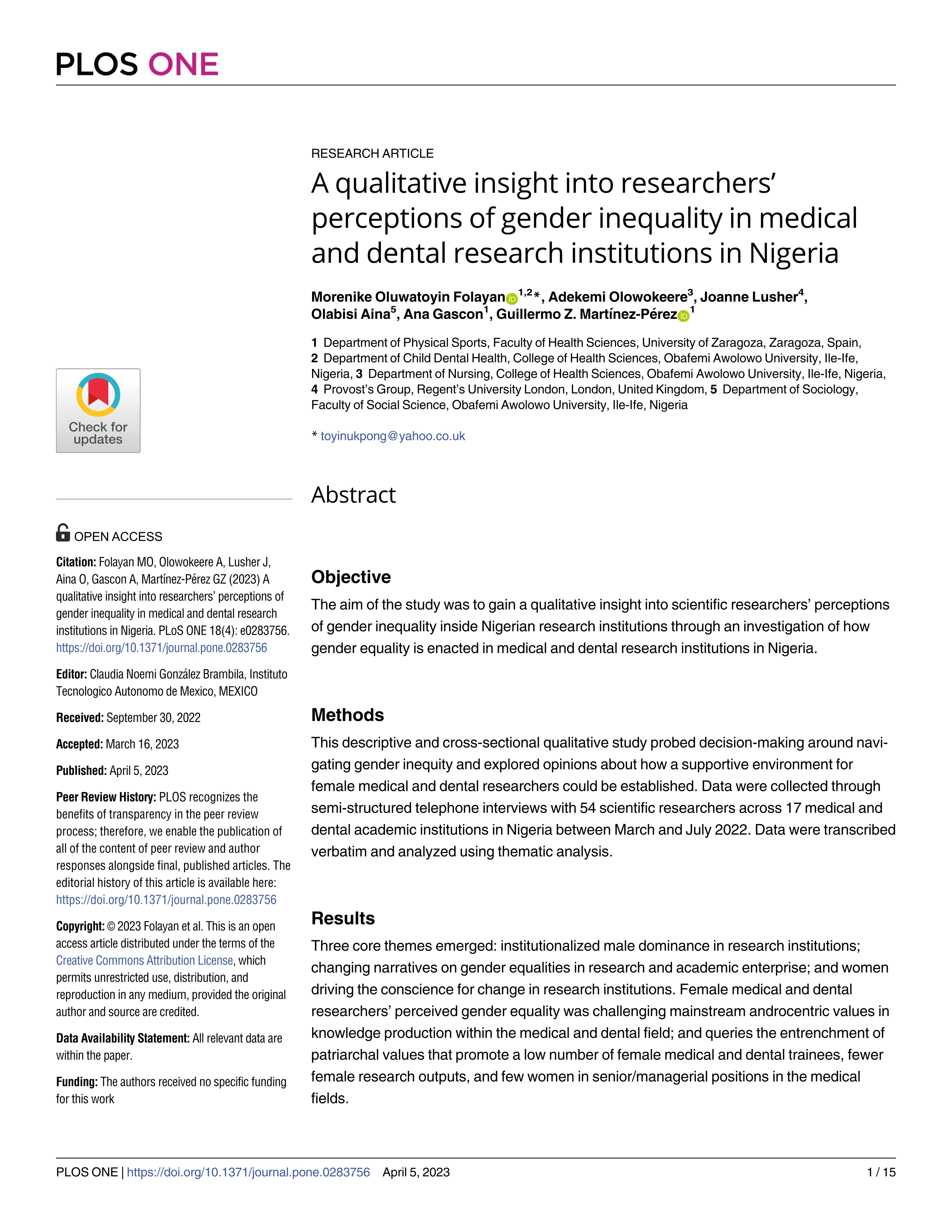 A qualitative insight into researchers’ perceptions of gender inequality in medical and dental research institutions in Nigeria