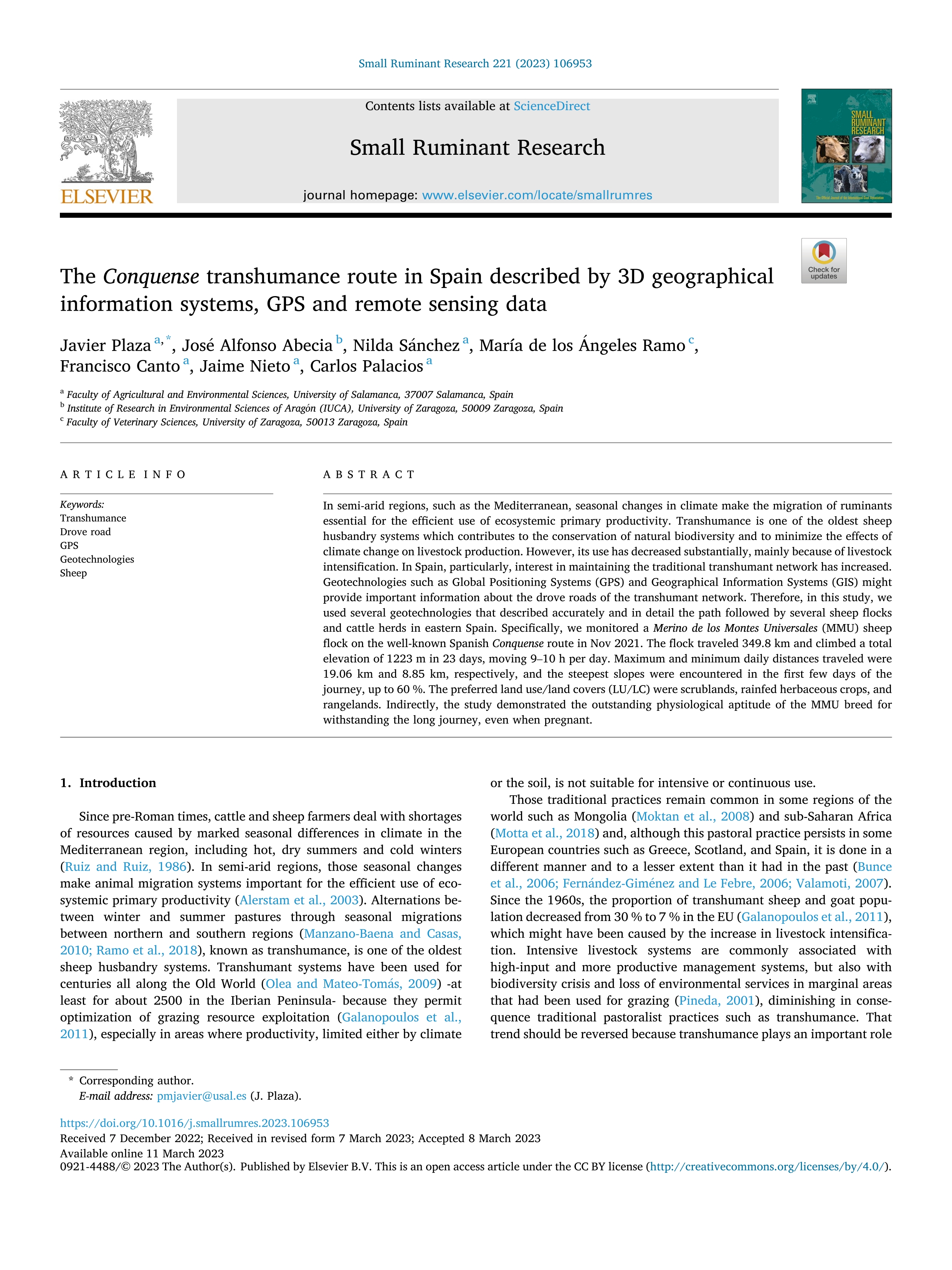 The Conquense transhumance route in Spain described by 3D geographical information systems, GPS and remote sensing data