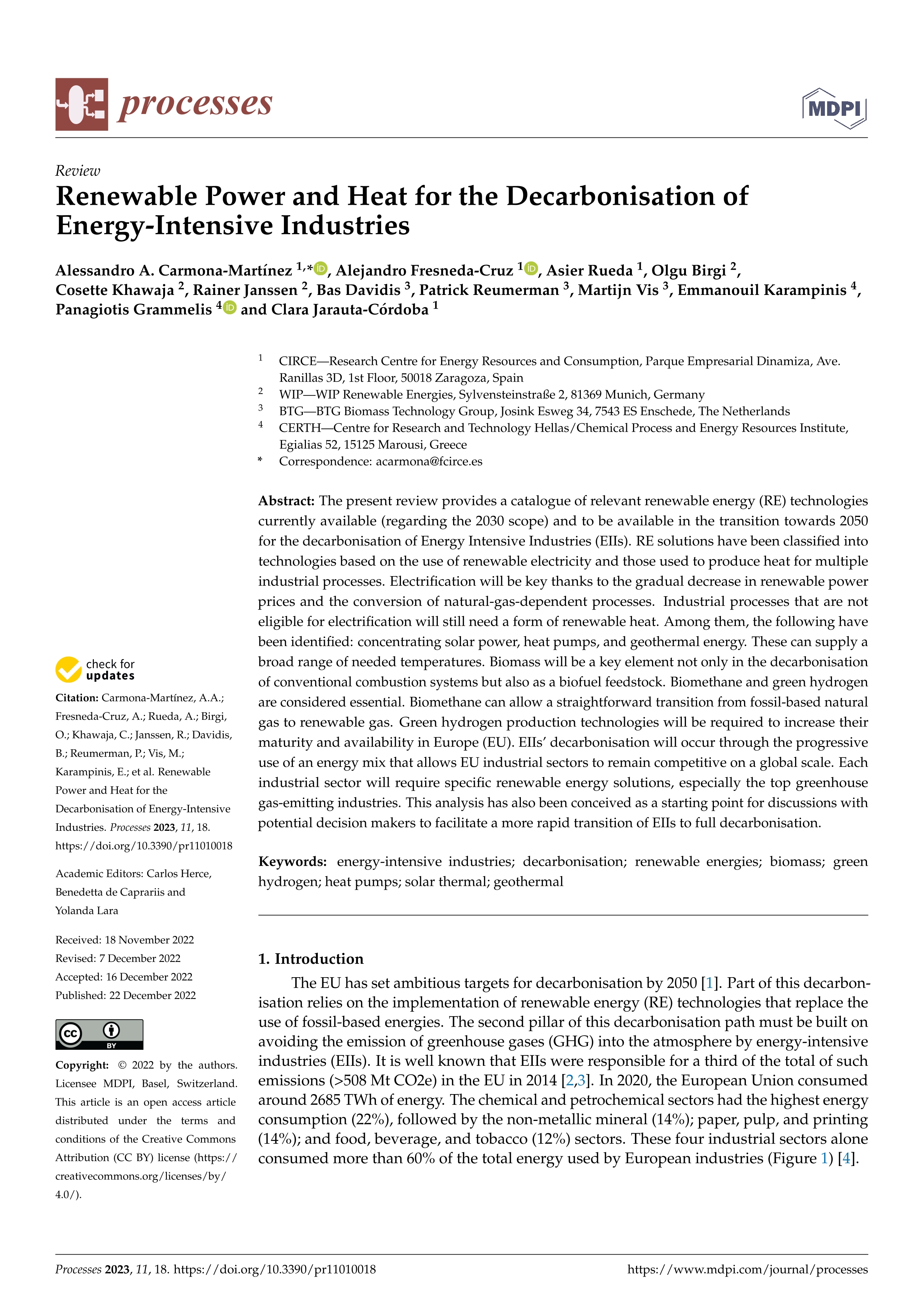 Renewable power and heat for the decarbonisation of energy-intensive industries