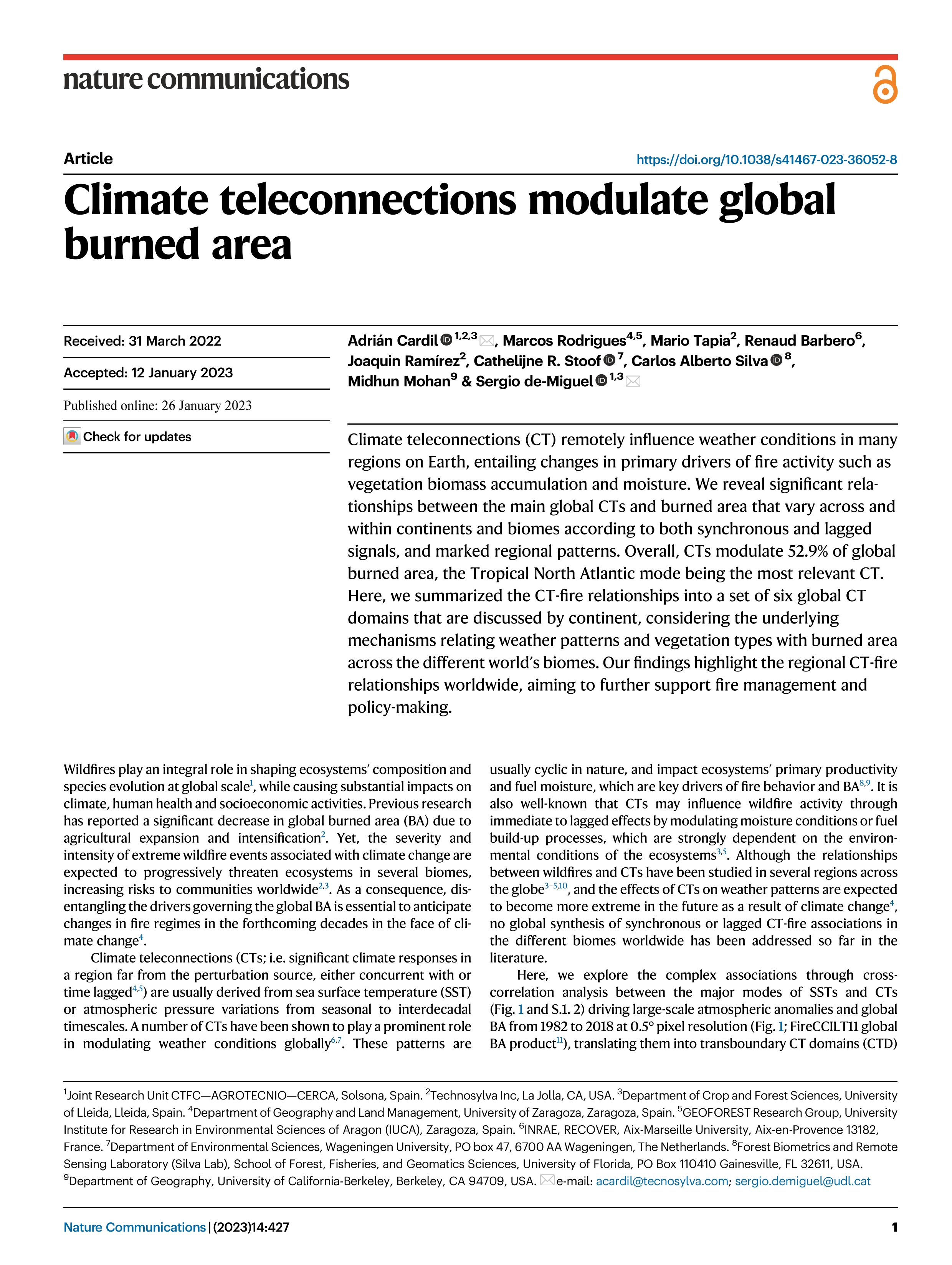 Climate teleconnections modulate global burned area