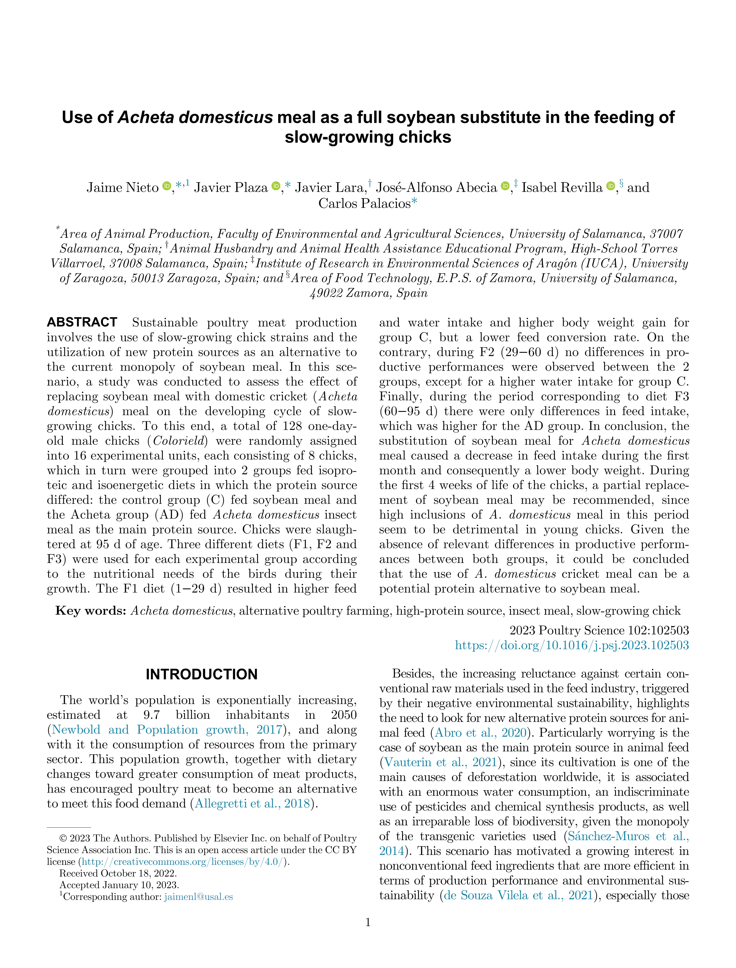 Use of Acheta domesticus meal as a full soybean substitute in the feeding of slow-growing chicks