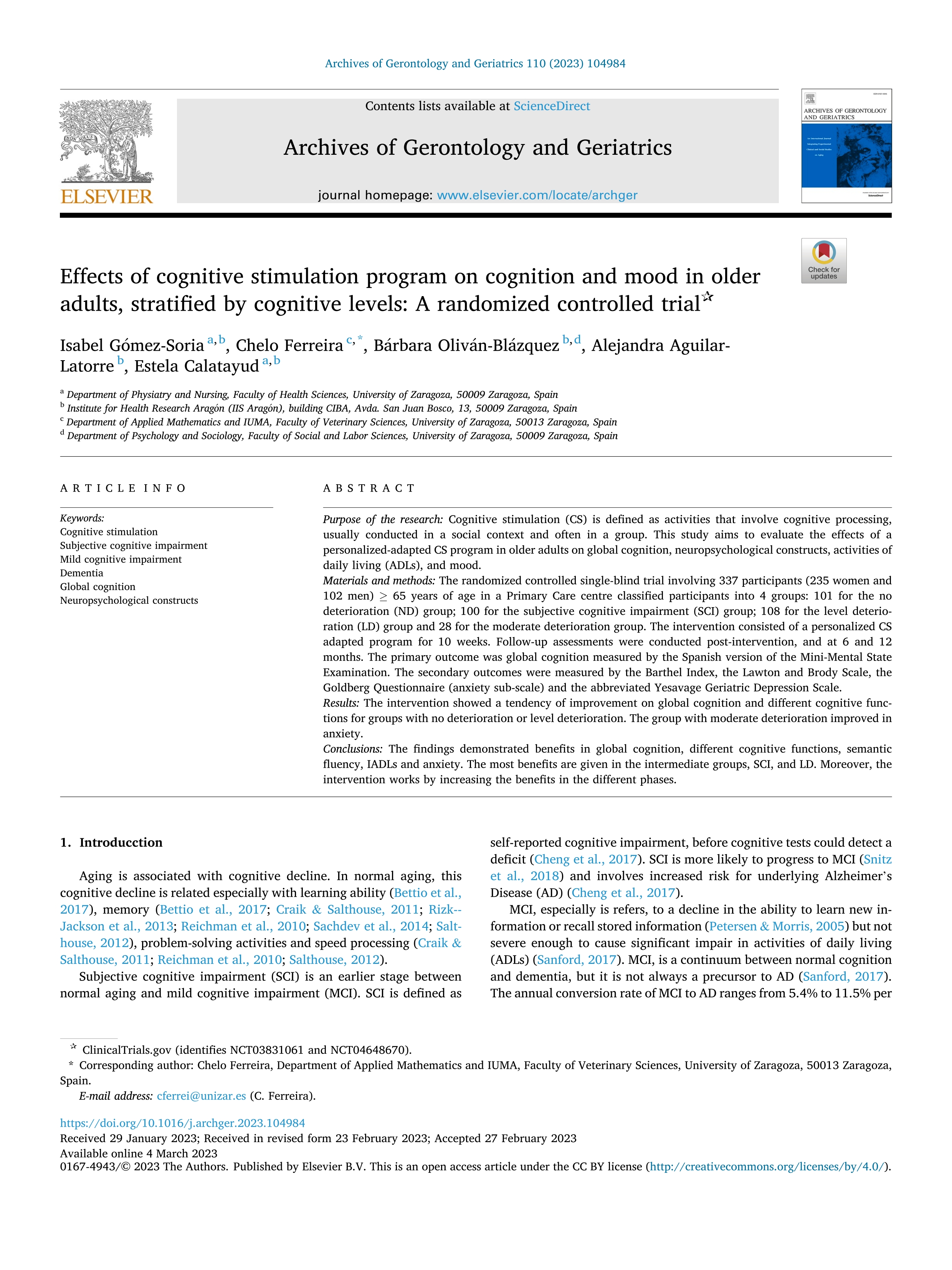 Effects of cognitive stimulation program on cognition and mood in older adults, stratified by cognitive levels: A randomized controlled trial